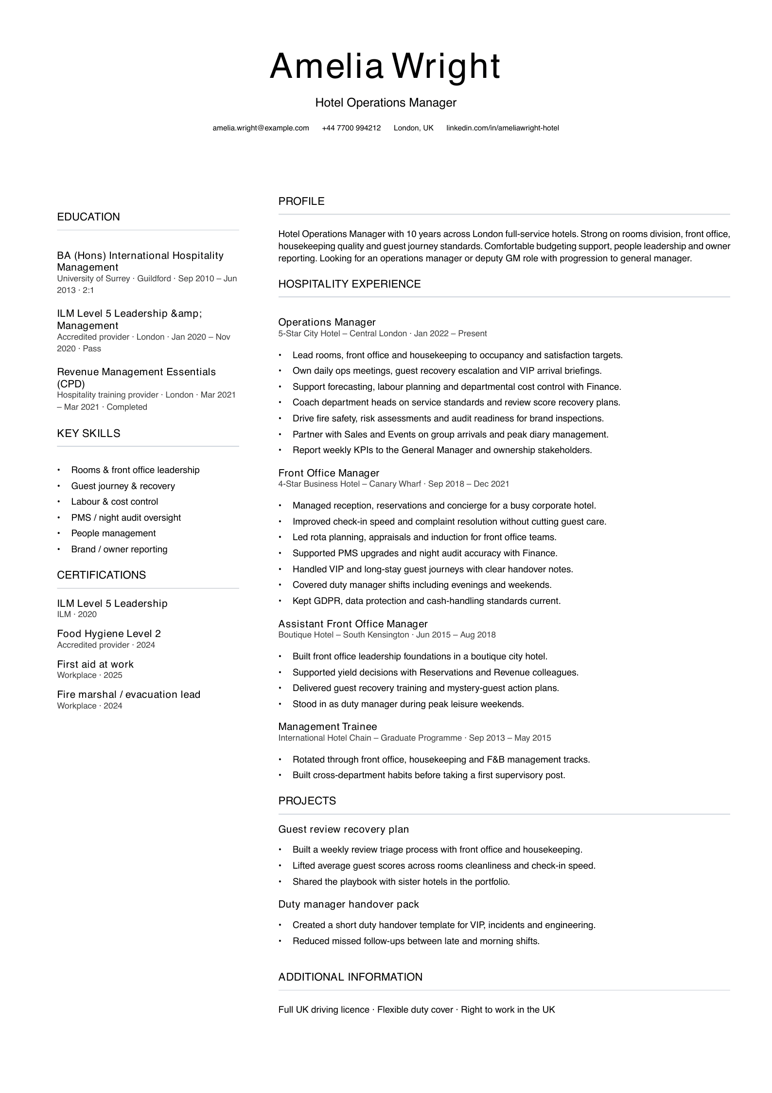 hotel operations manager CV template