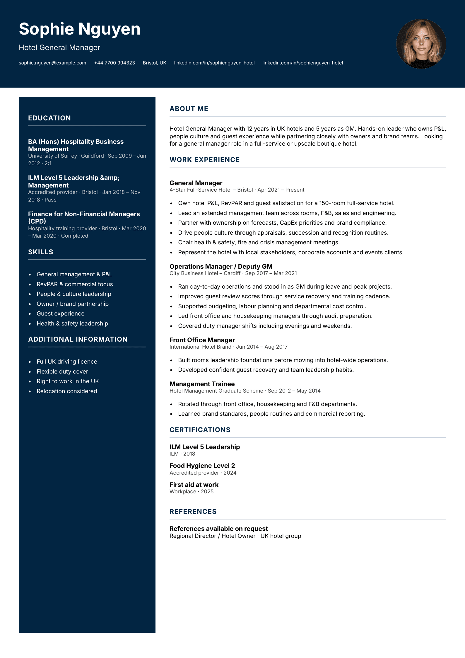 Hotel general manager CV template