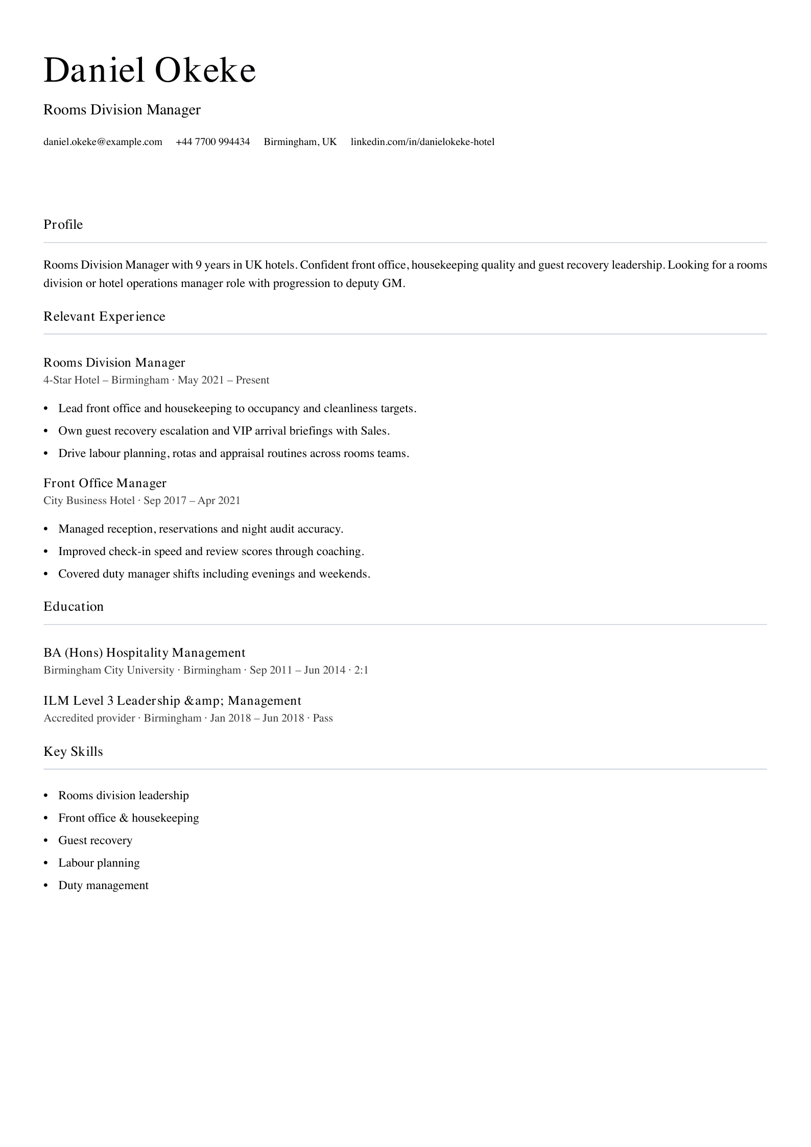 Rooms division manager CV template