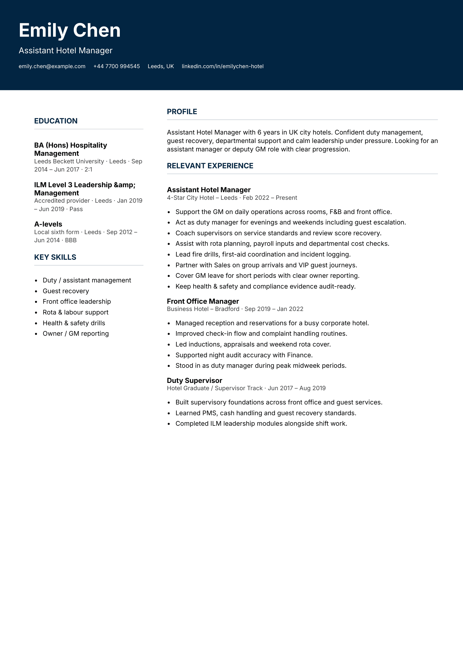 assistant hotel manager CV template