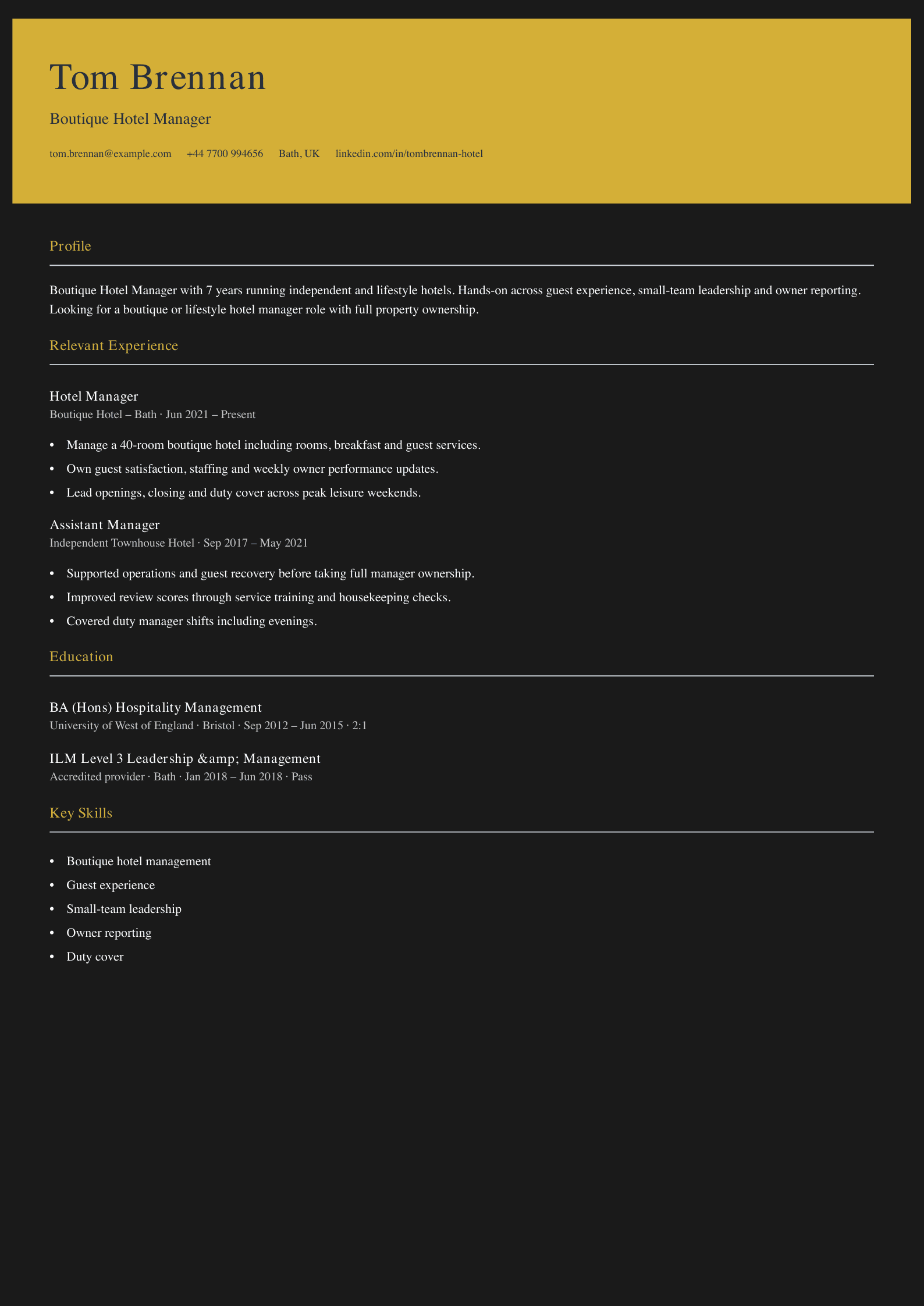 boutique hotel manager CV template