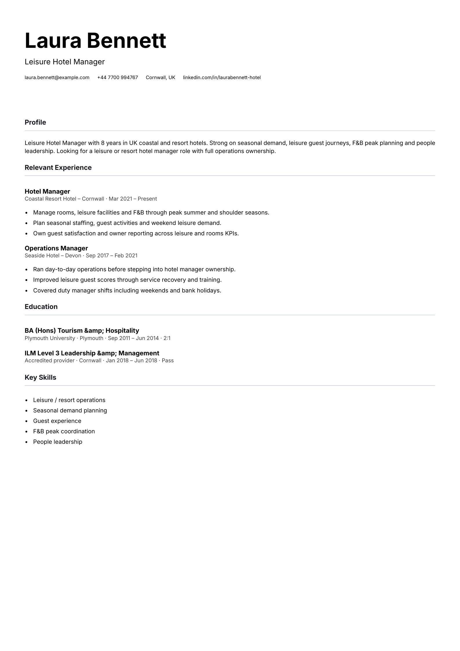 leisure hotel manager CV template