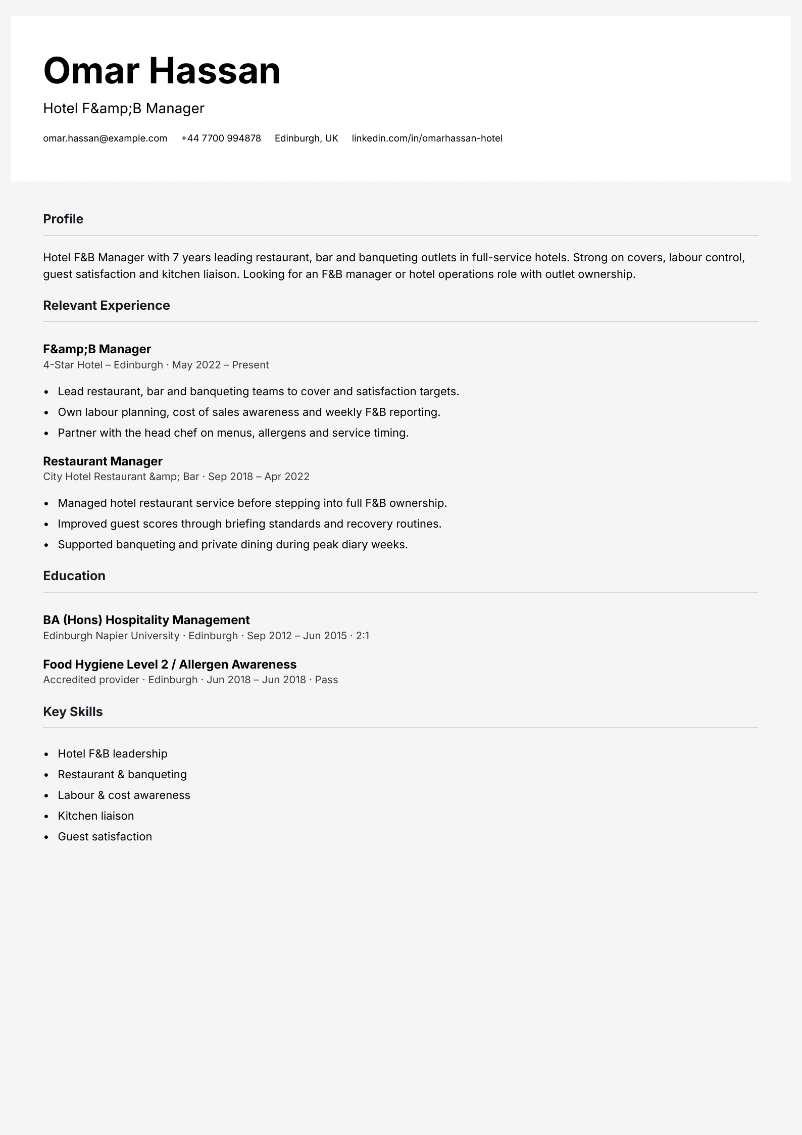 hotel F&B manager CV template