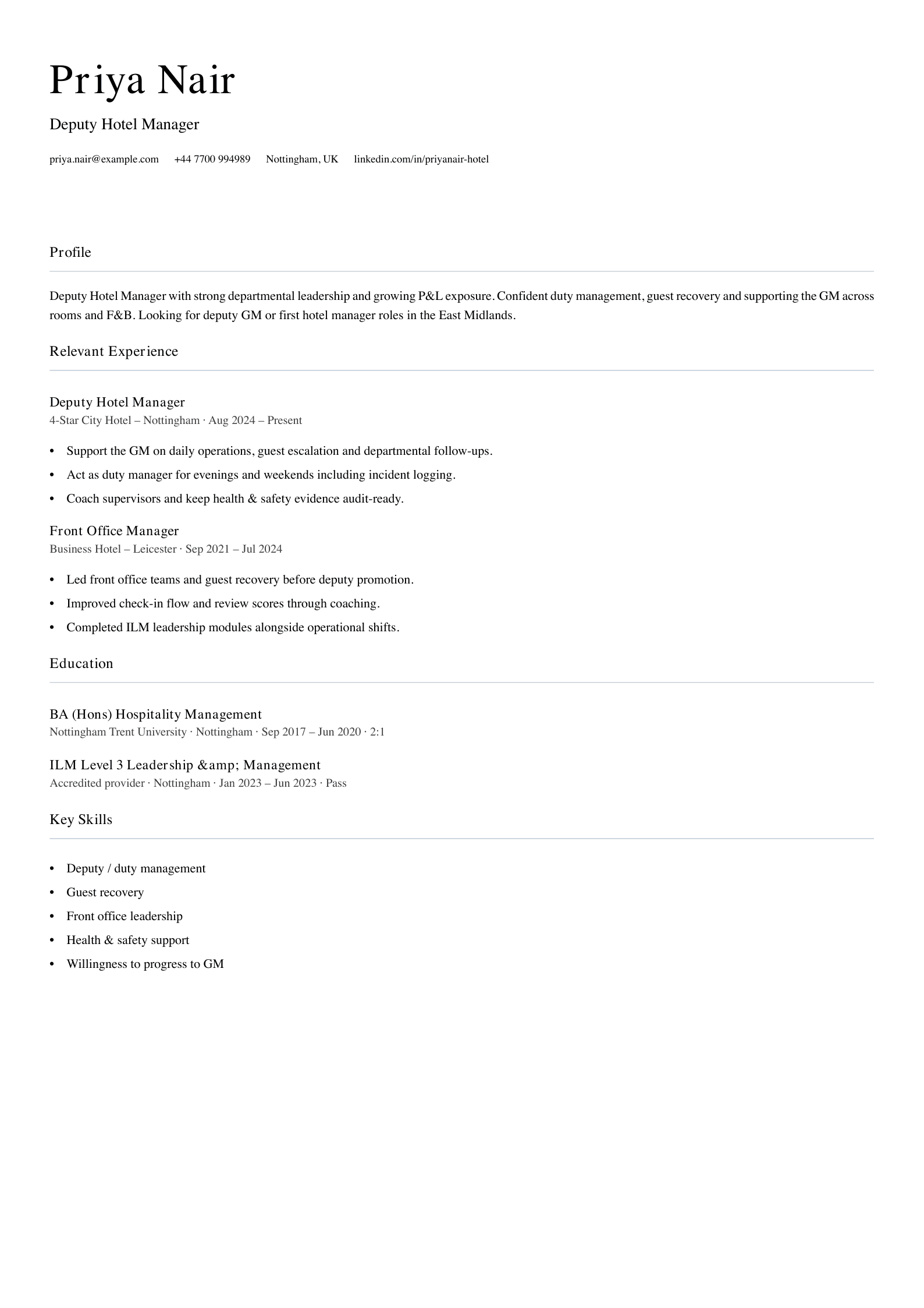 deputy hotel manager CV template