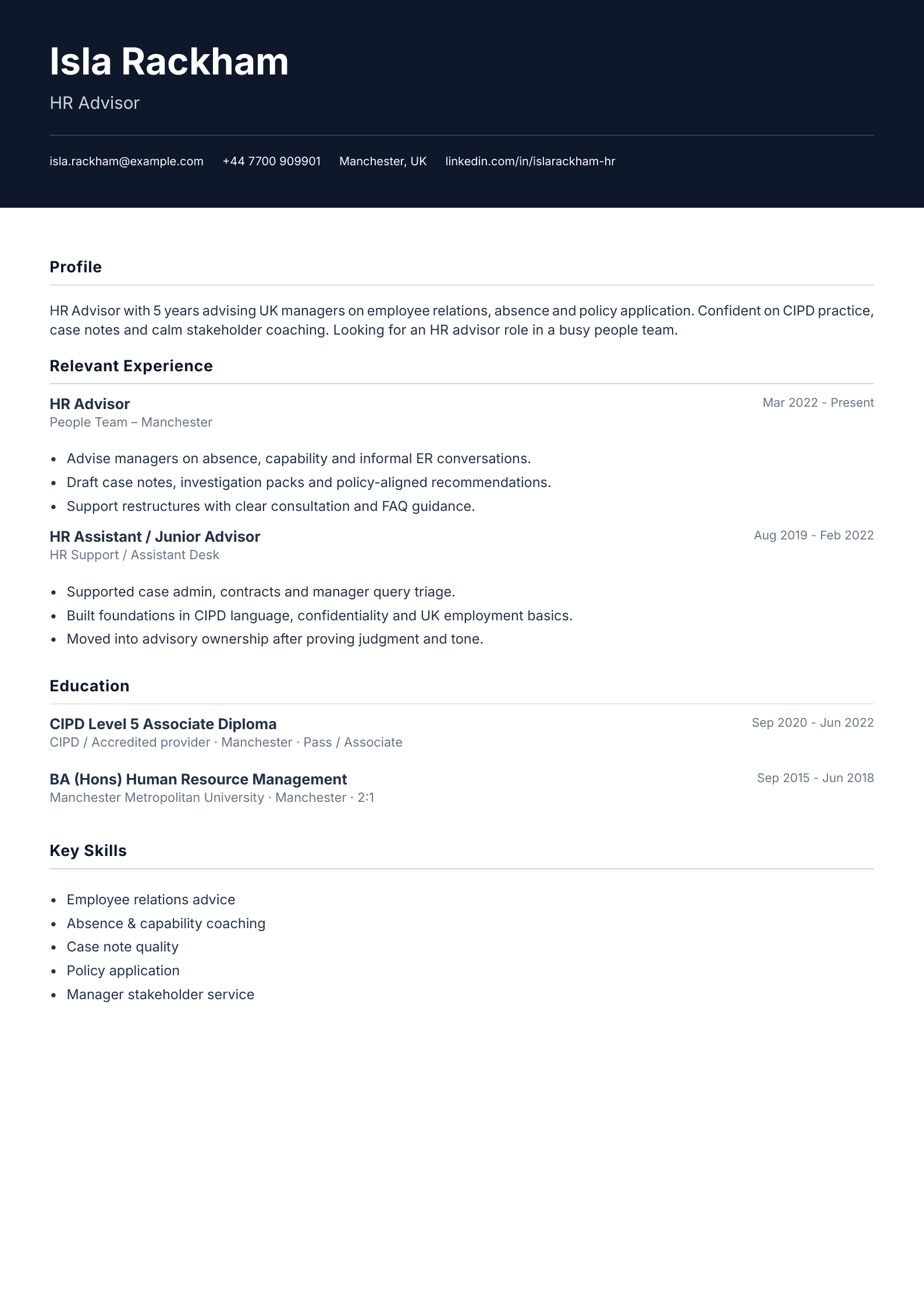 HR advisor CV template