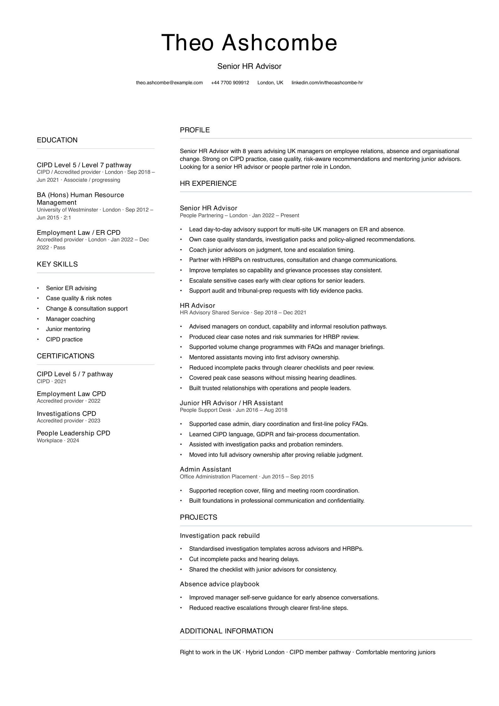 senior HR advisor CV template