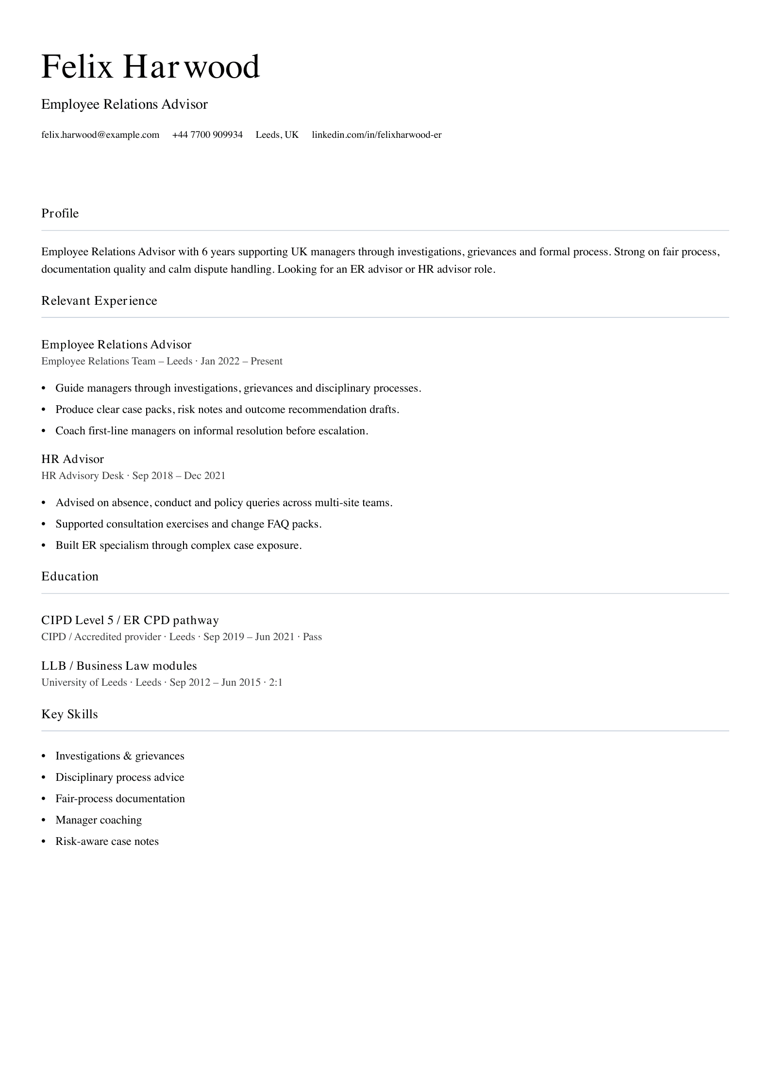 Employee relations advisor CV template