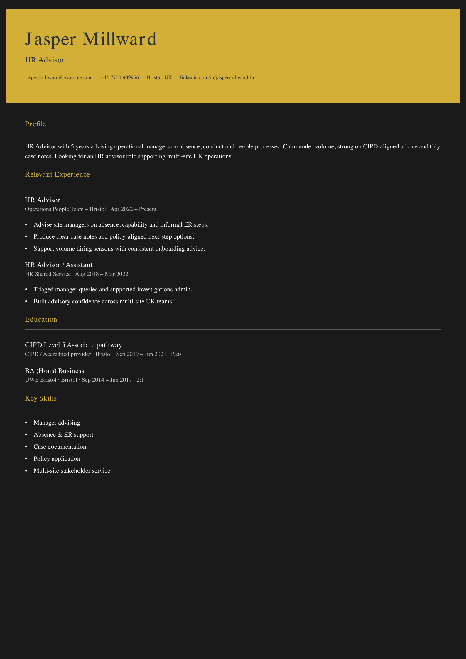 operations HR advisor CV template