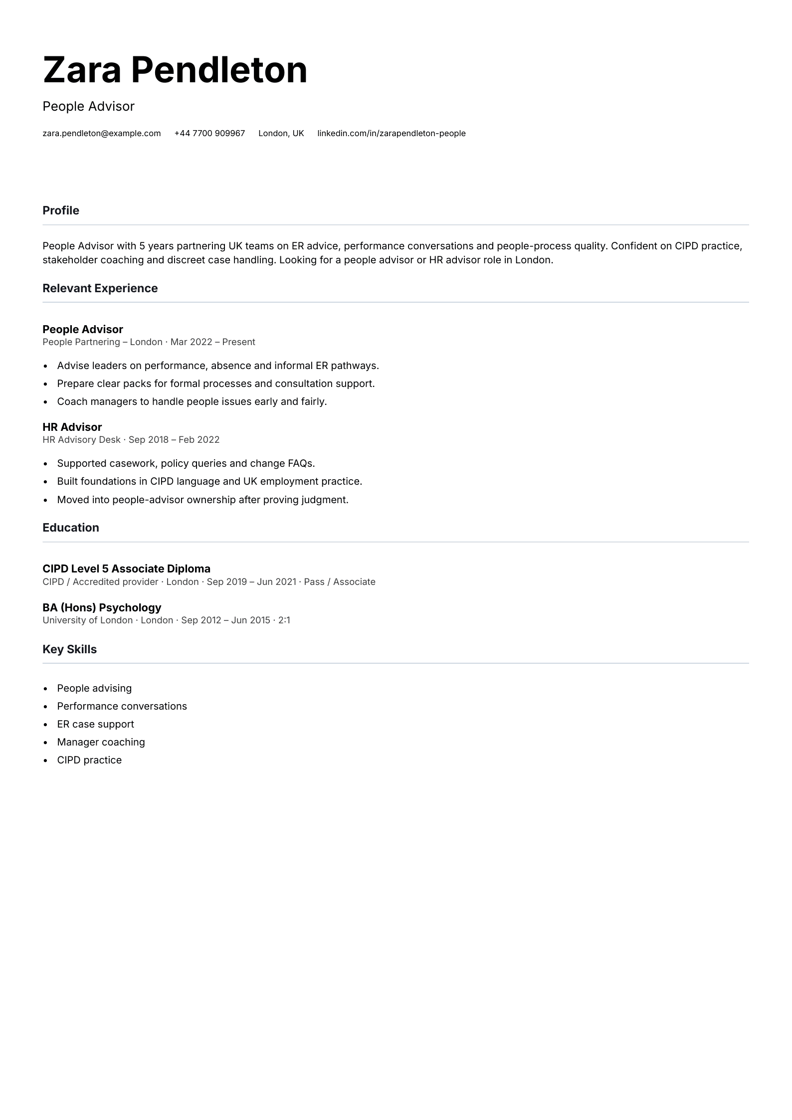 people advisor CV template