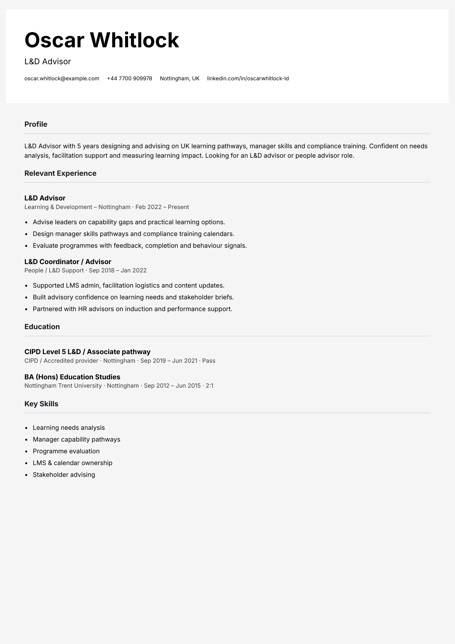 L&D advisor CV template