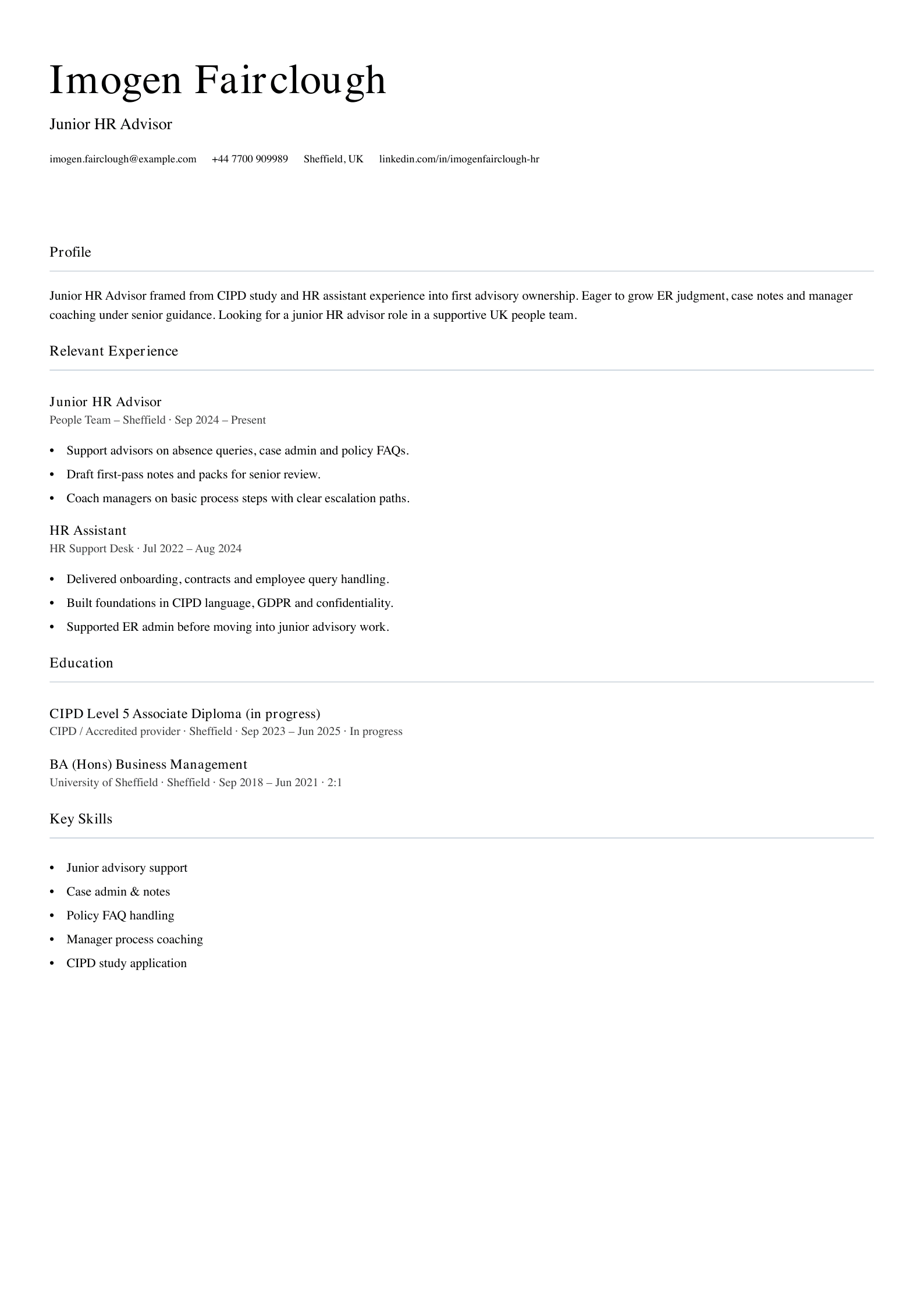 junior HR advisor CV template