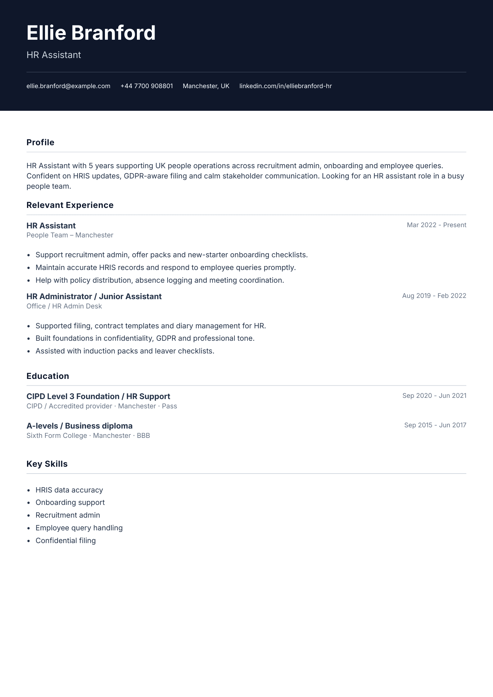 HR assistant CV template