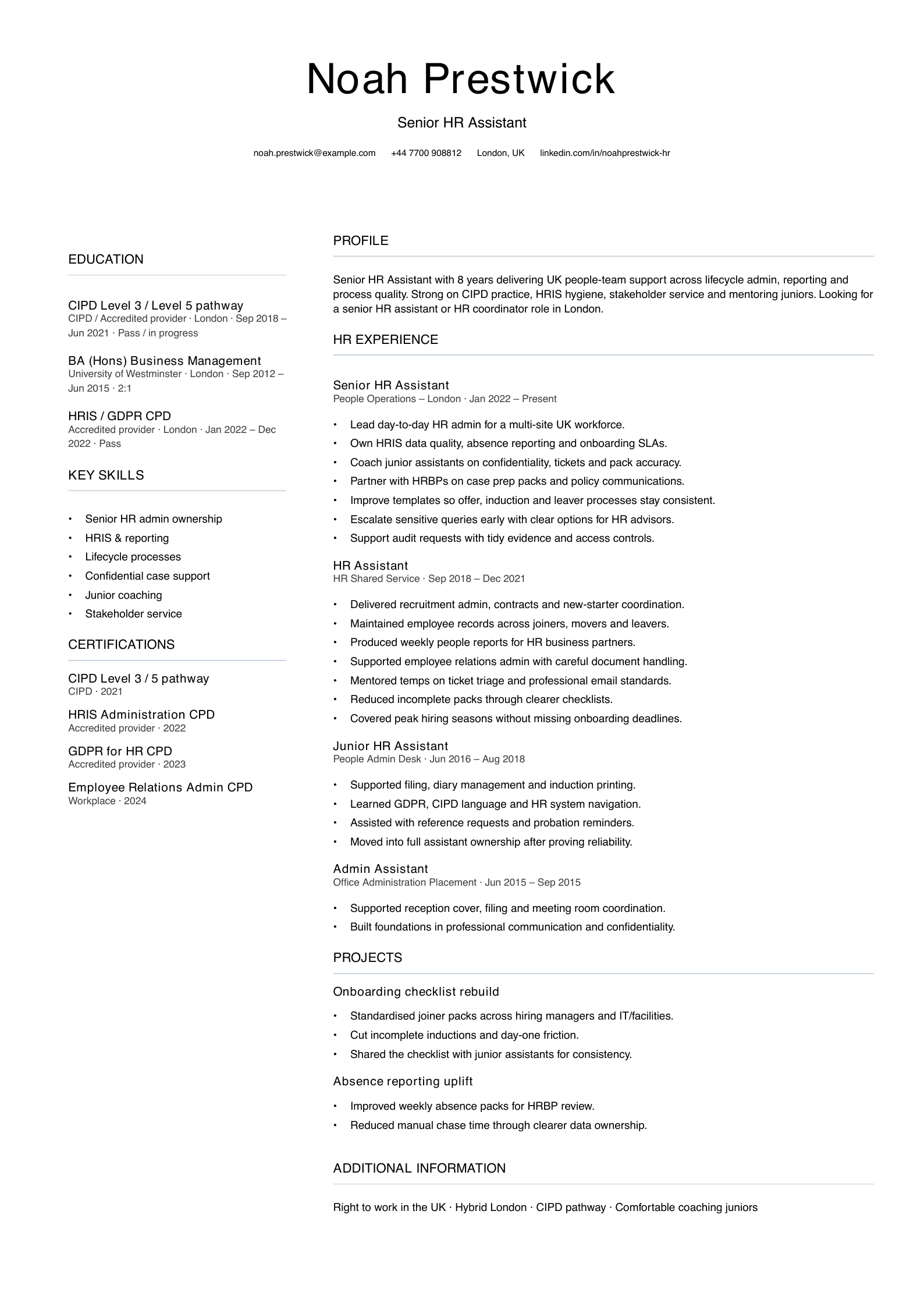 senior HR assistant CV template