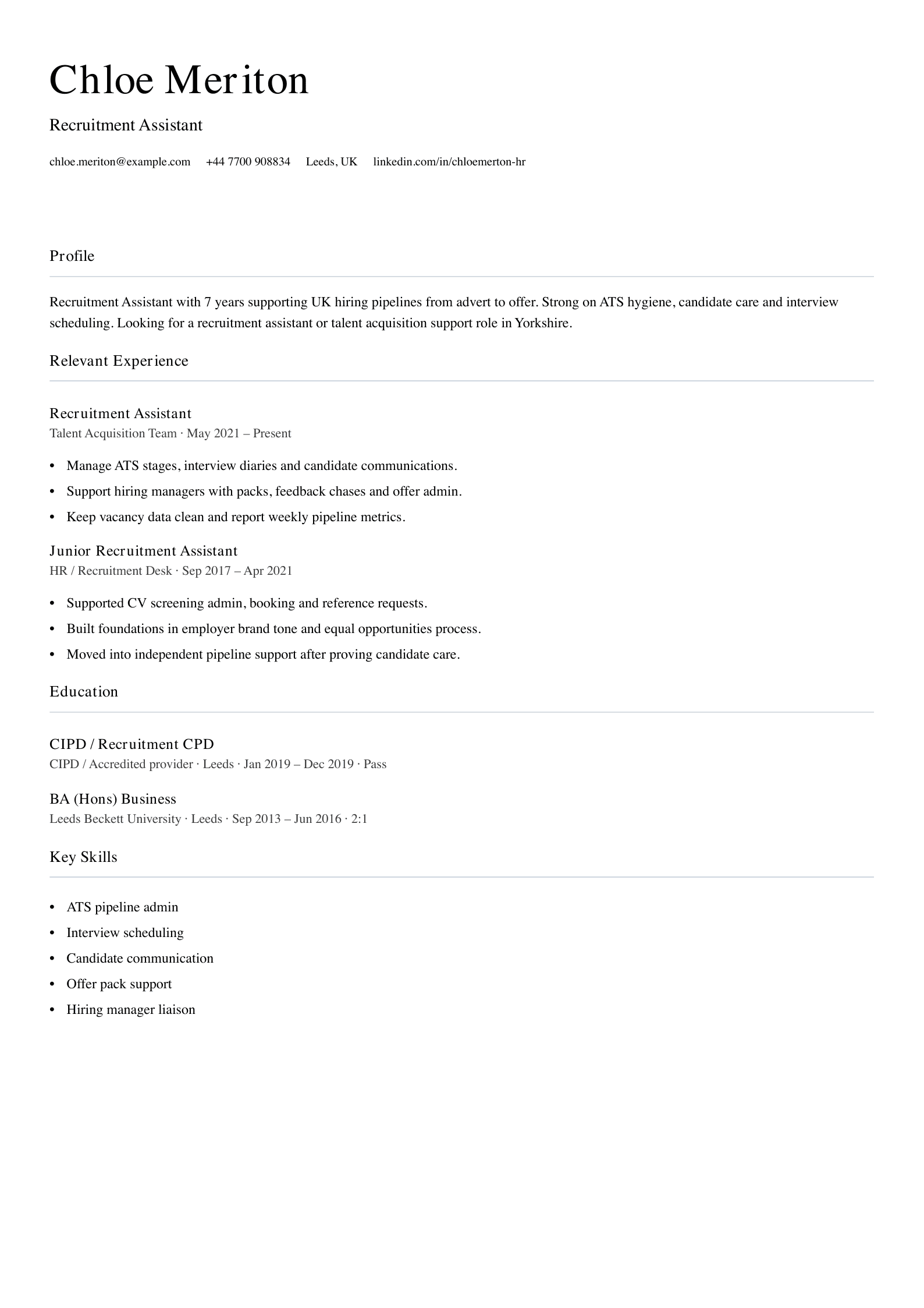 Recruitment assistant CV template