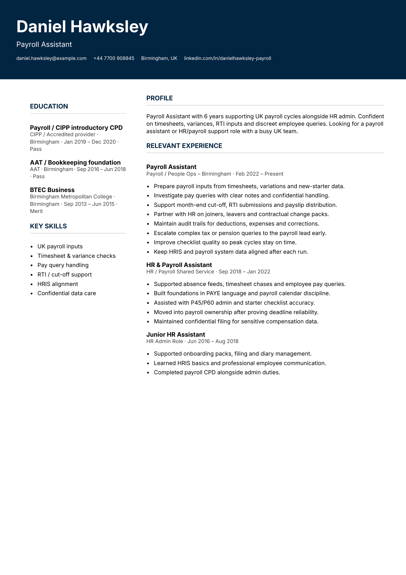payroll assistant CV template