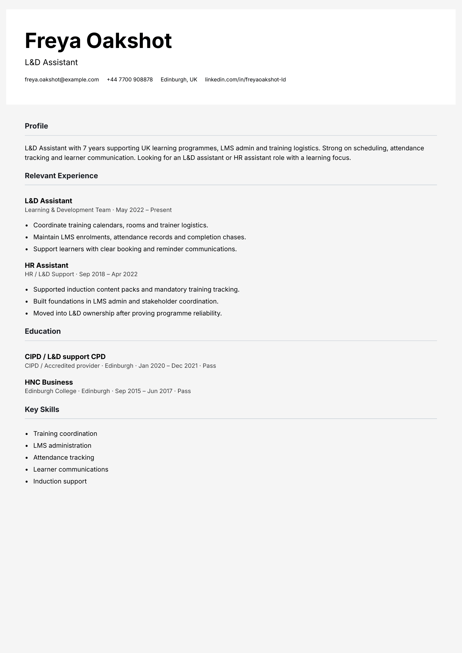 L&D assistant CV template