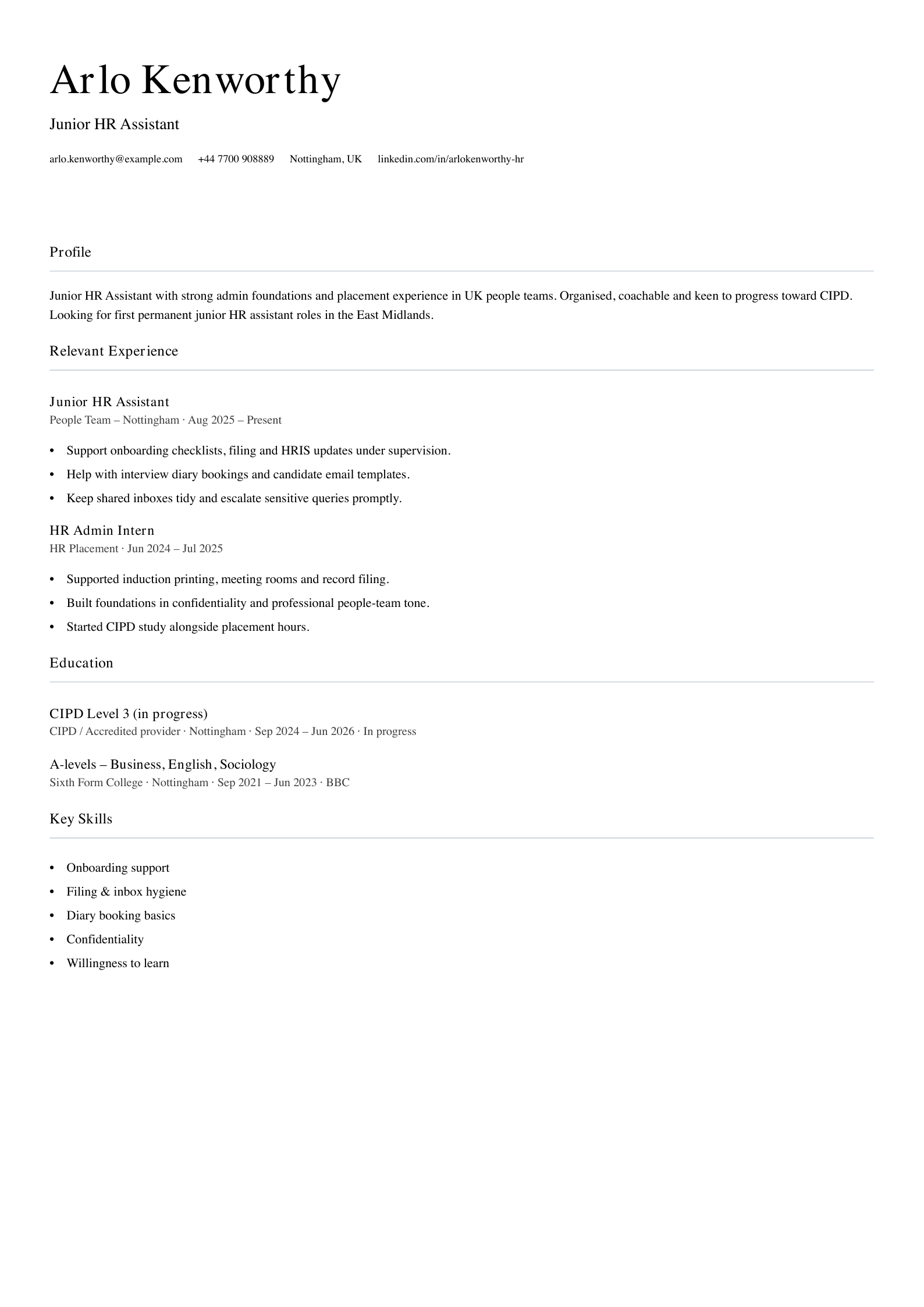 junior HR assistant CV template