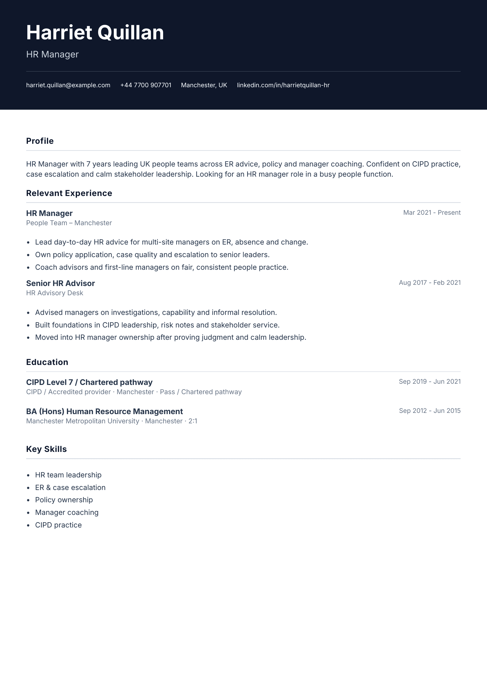 HR manager CV template