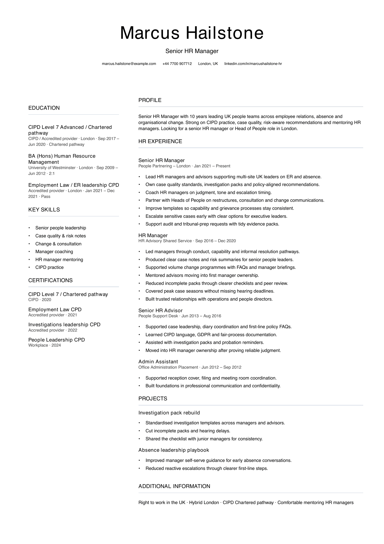 senior HR manager CV template