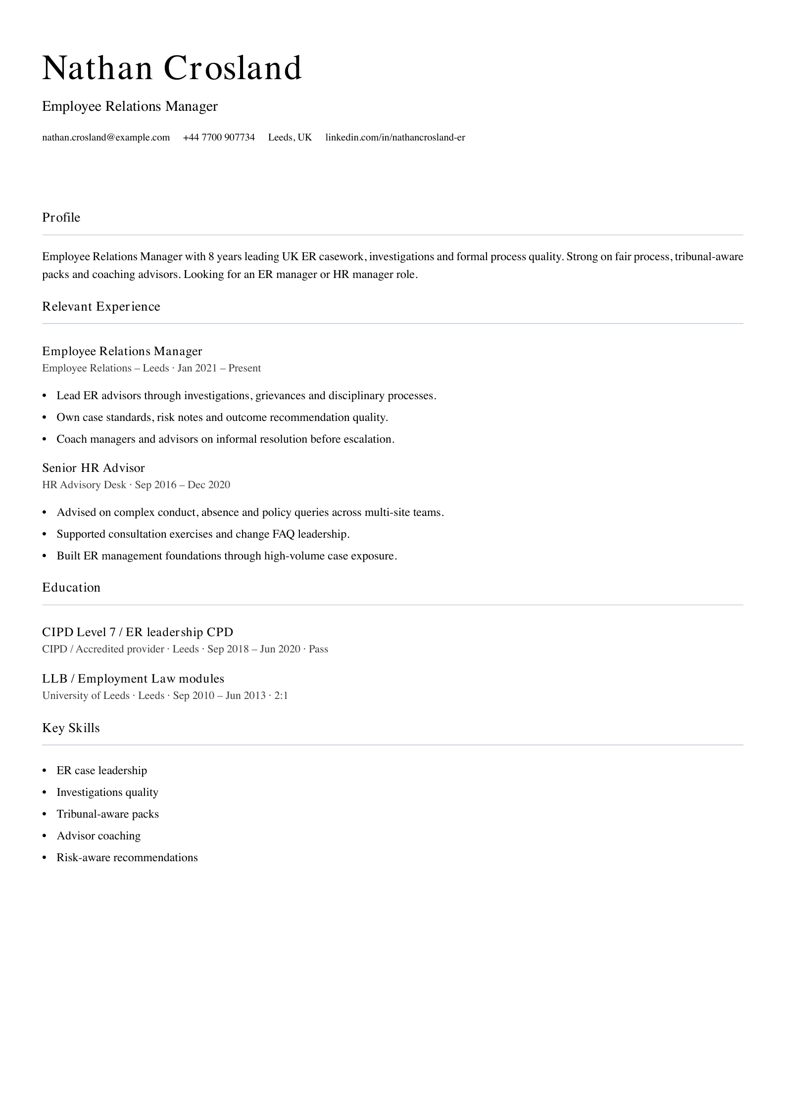 Employee relations manager CV template