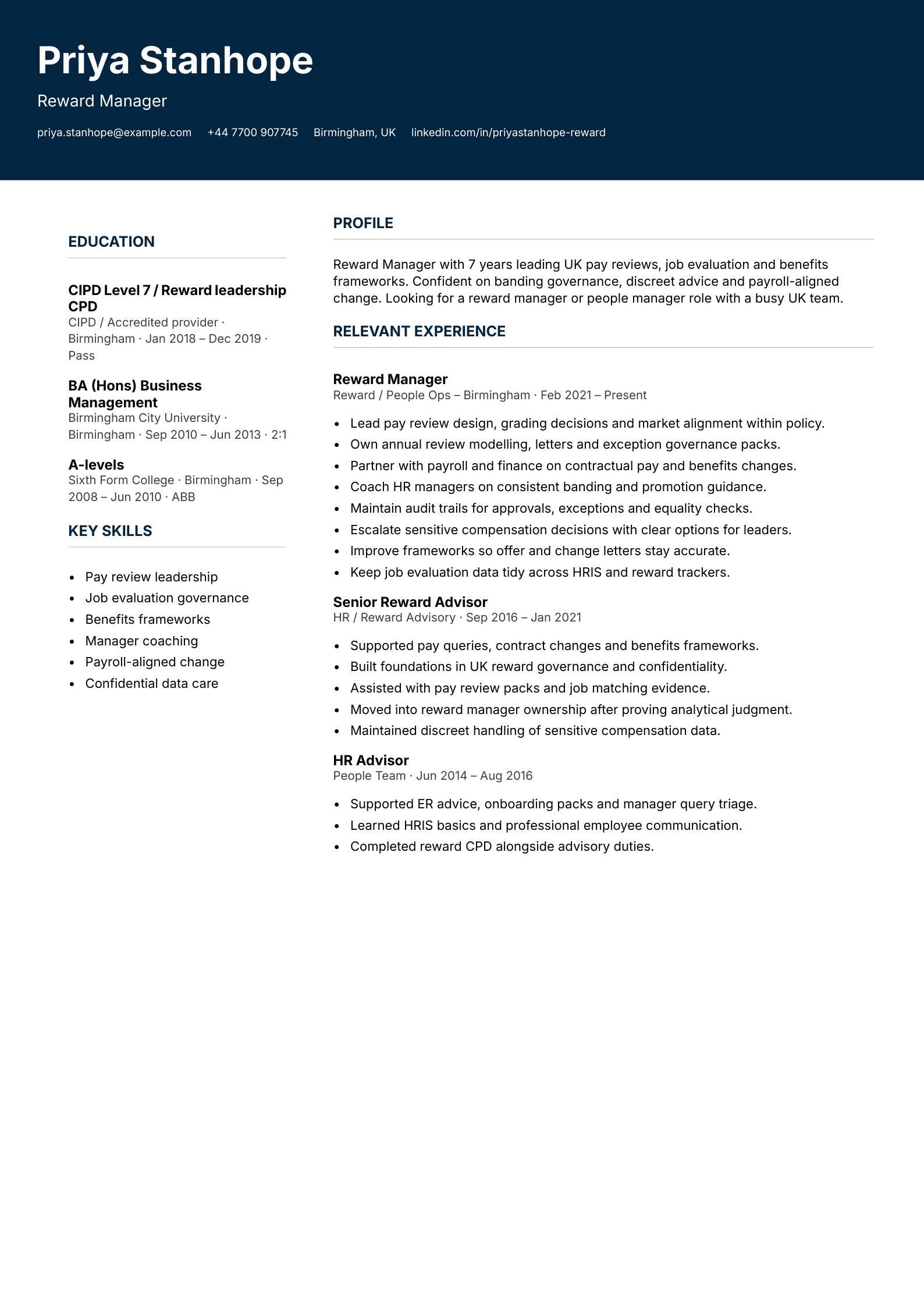 reward manager CV template
