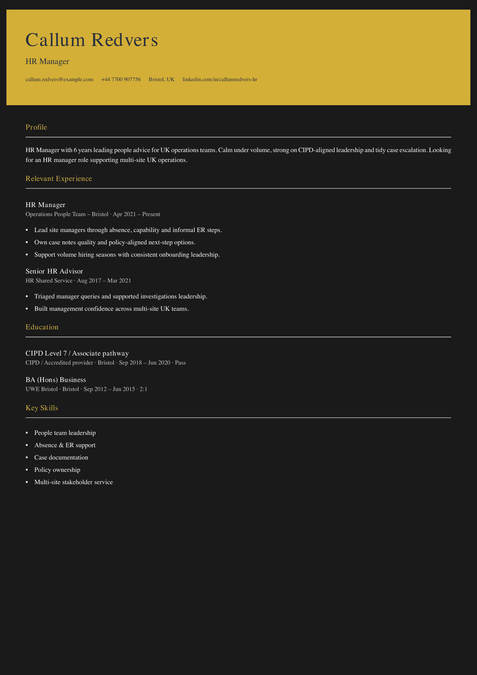 operations HR manager CV template
