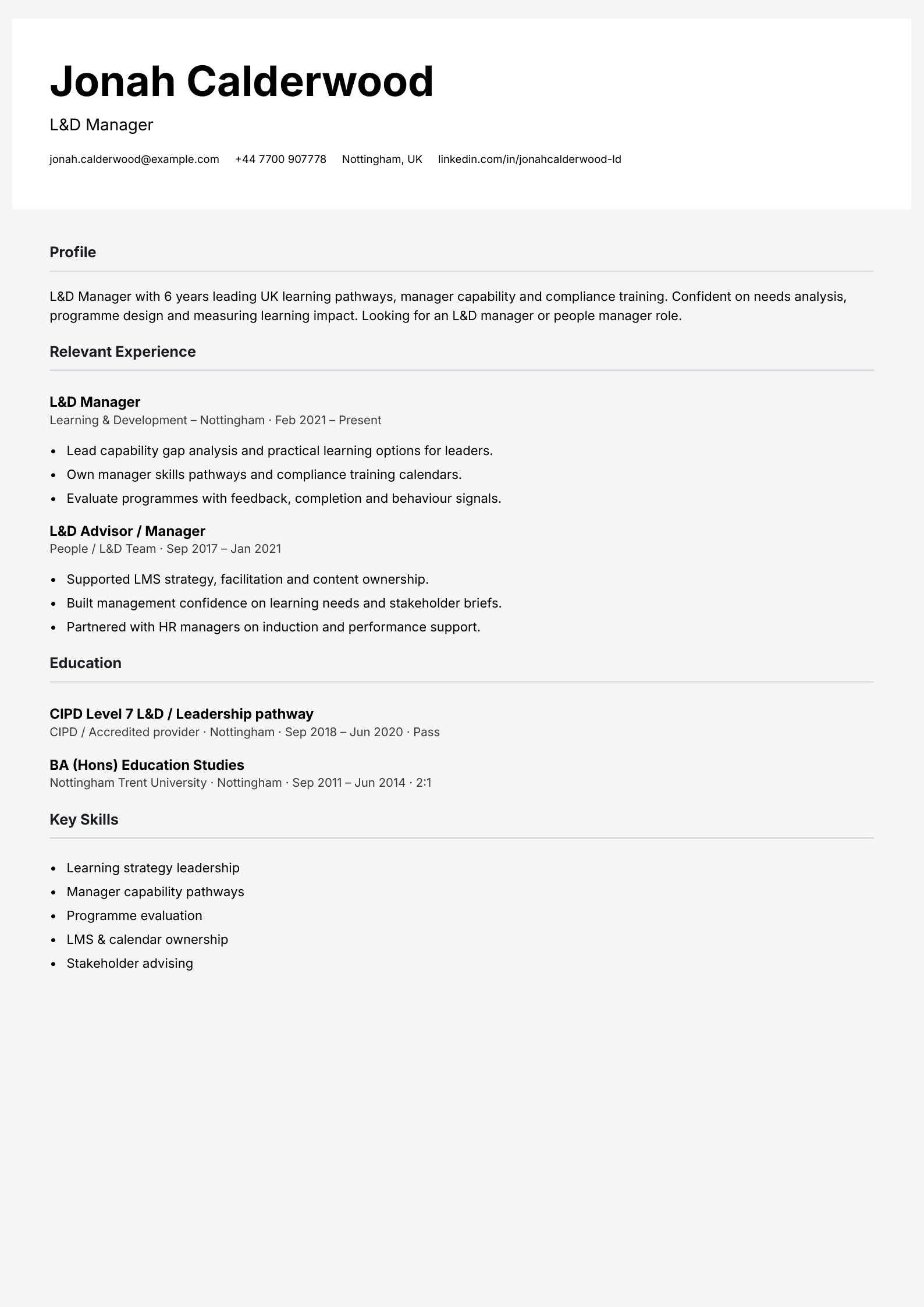 L&D manager CV template