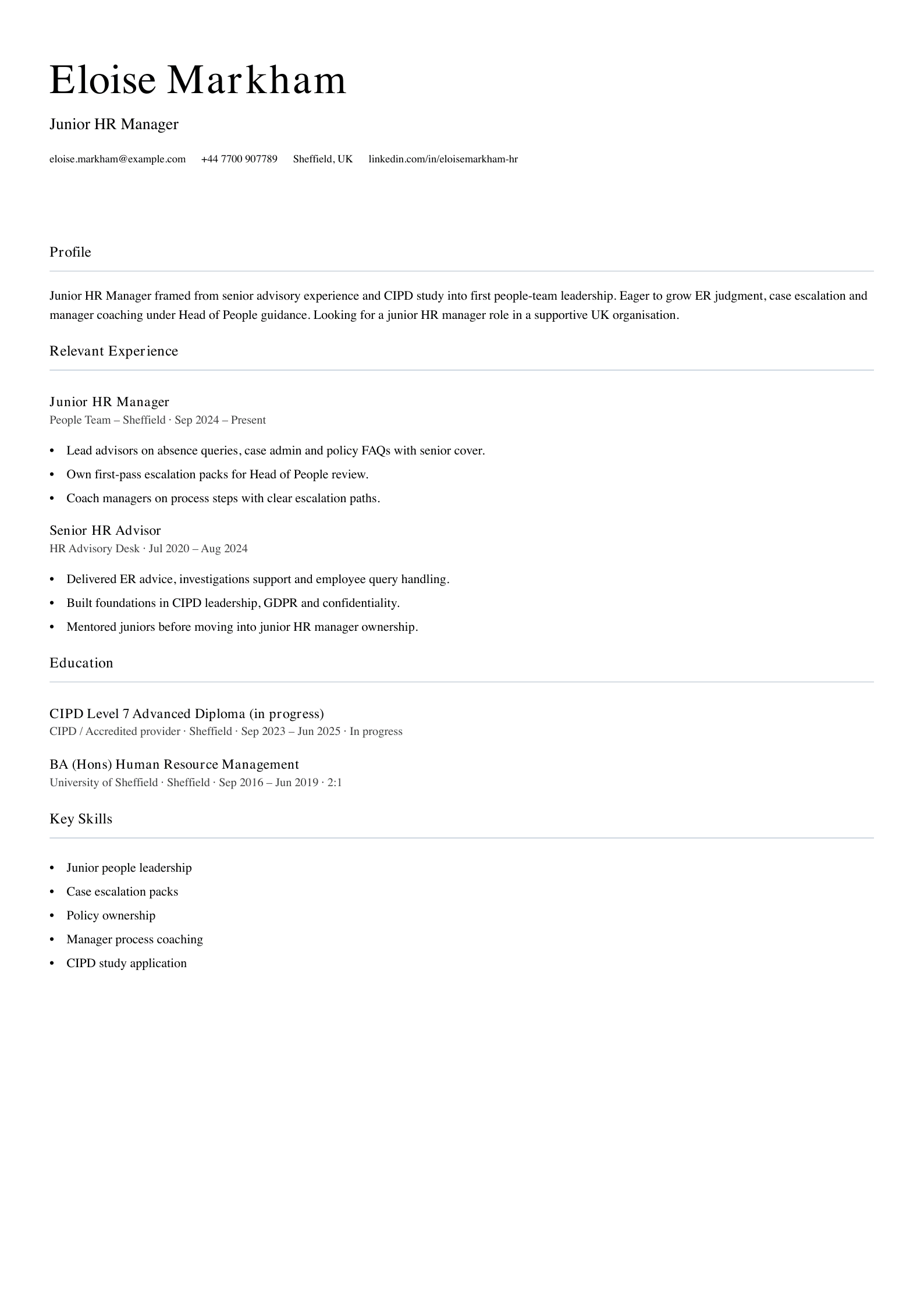 junior HR manager CV template