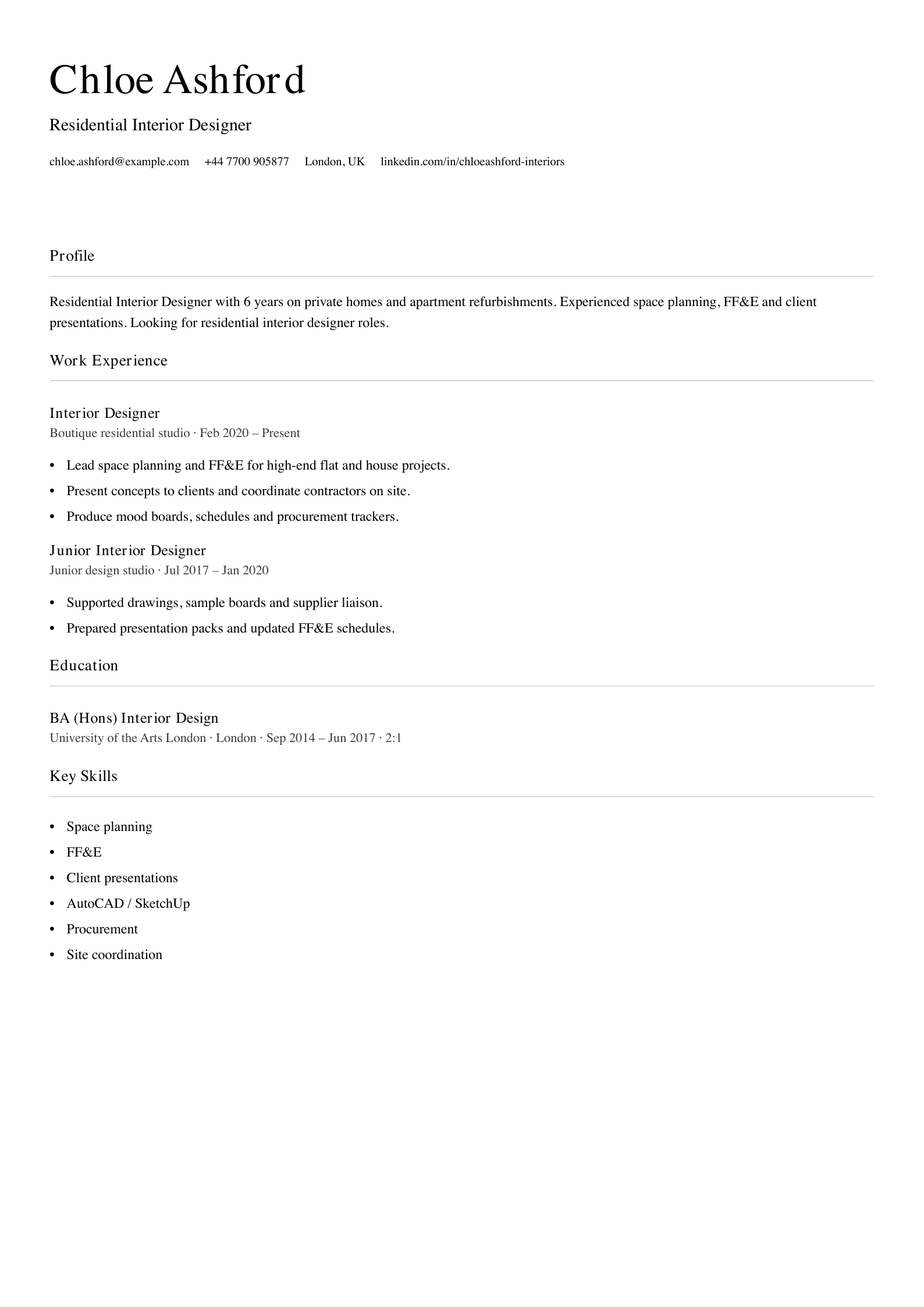 residential interior designer cv template