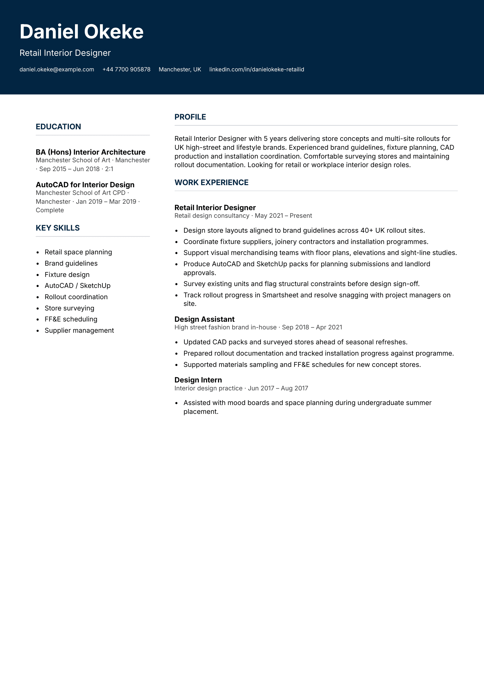 retail interior designer cv template
