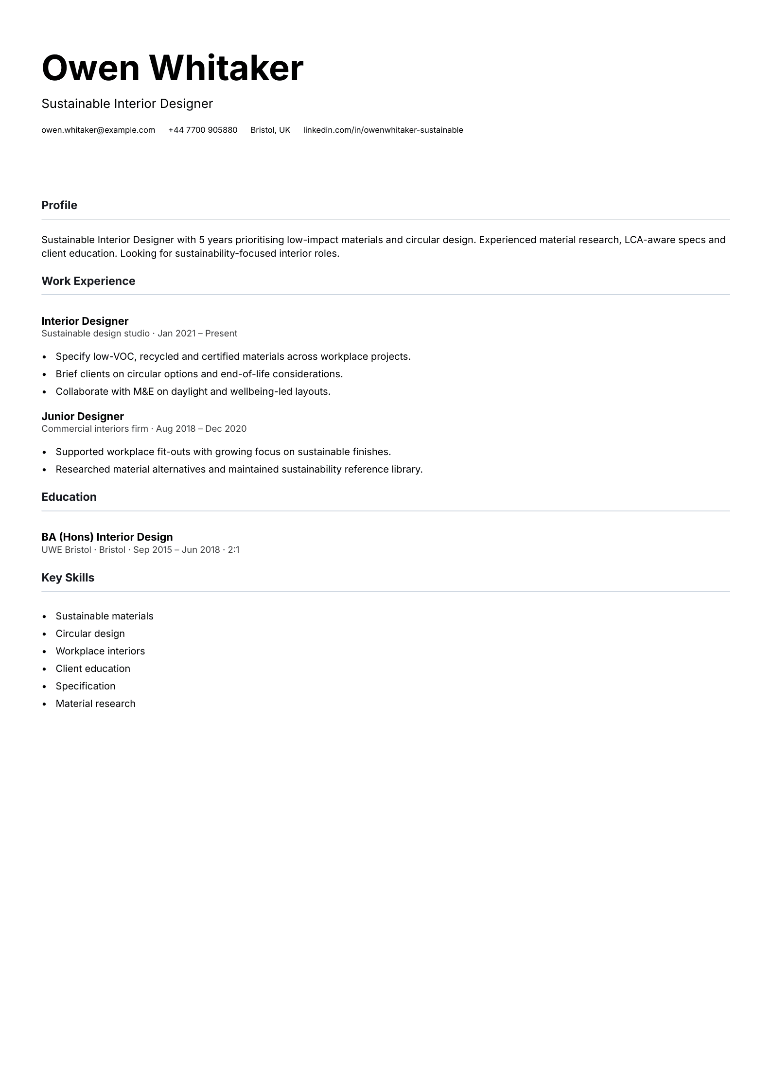 sustainable interior designer cv template