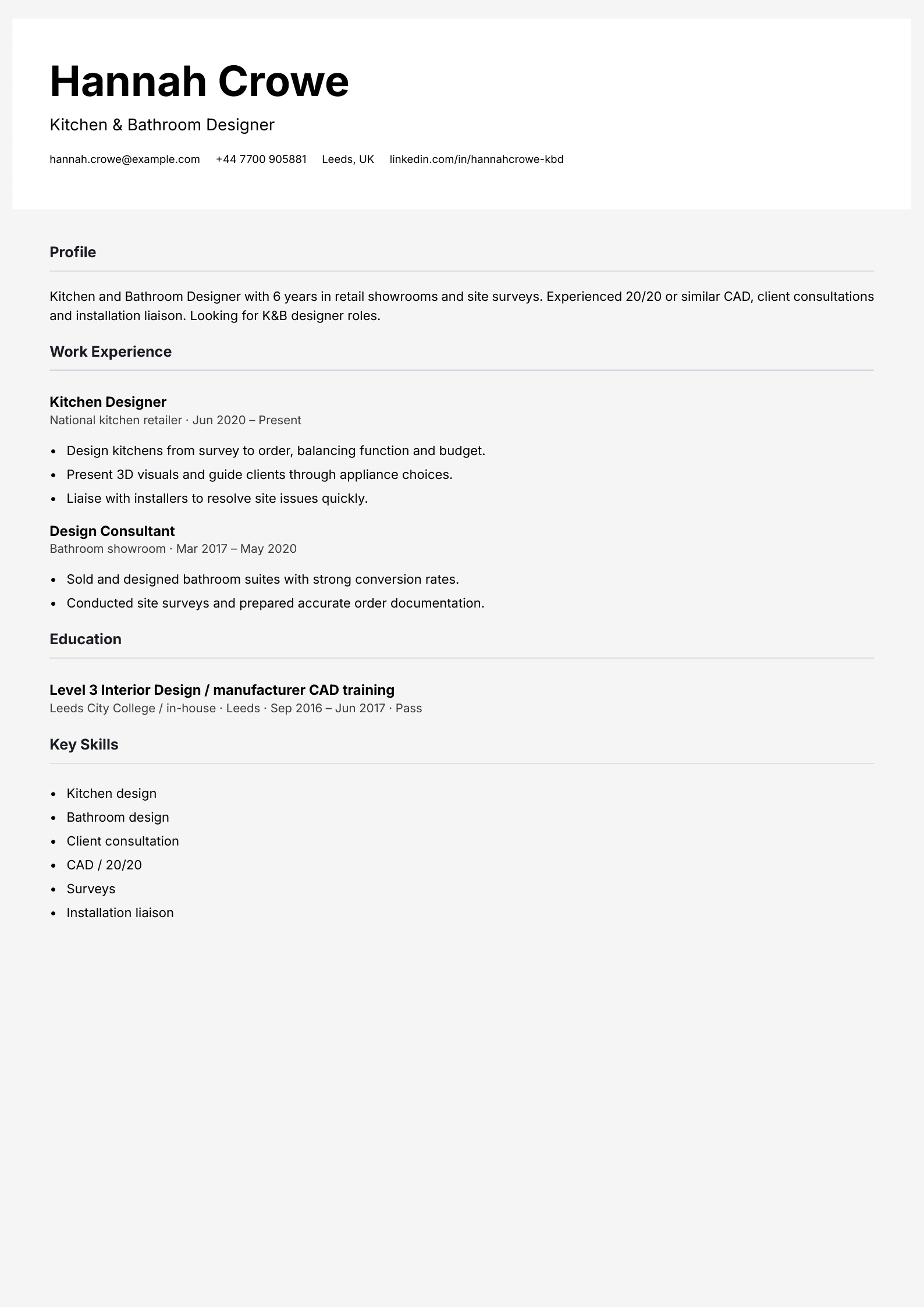 kitchen bathroom designer cv template