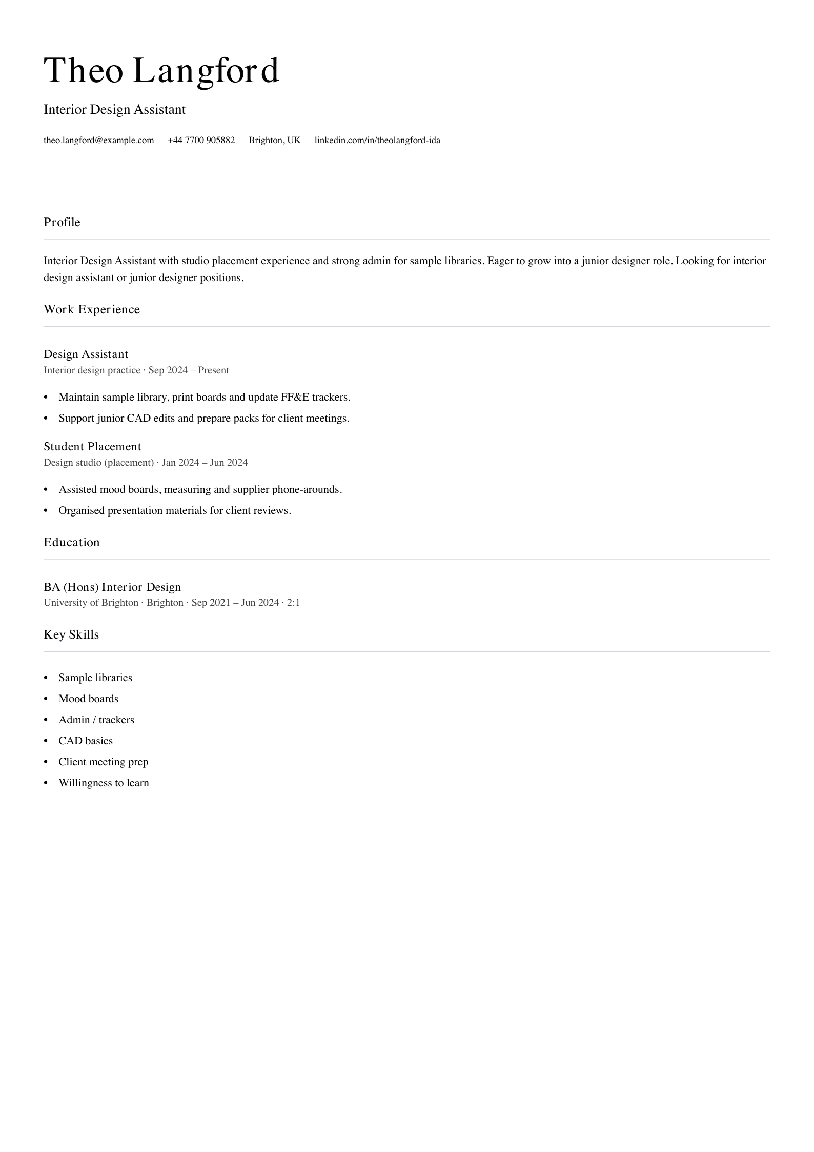 interior design assistant cv template