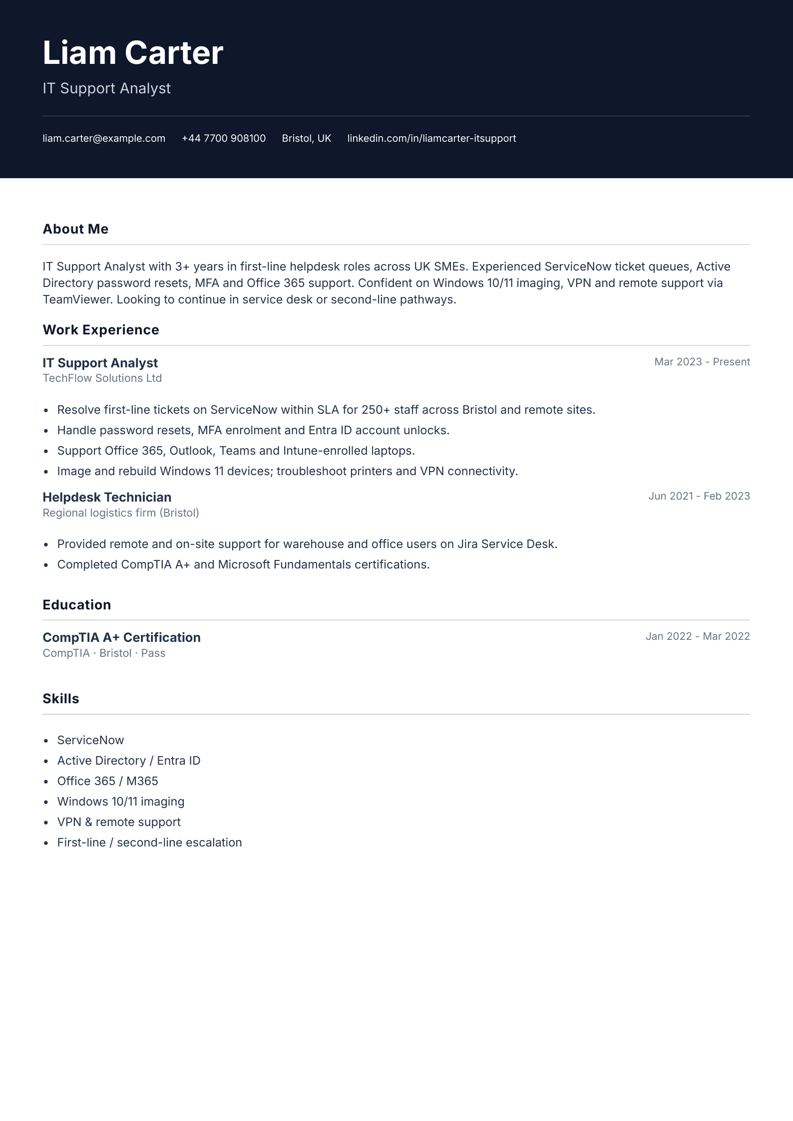 IT support analyst CV template