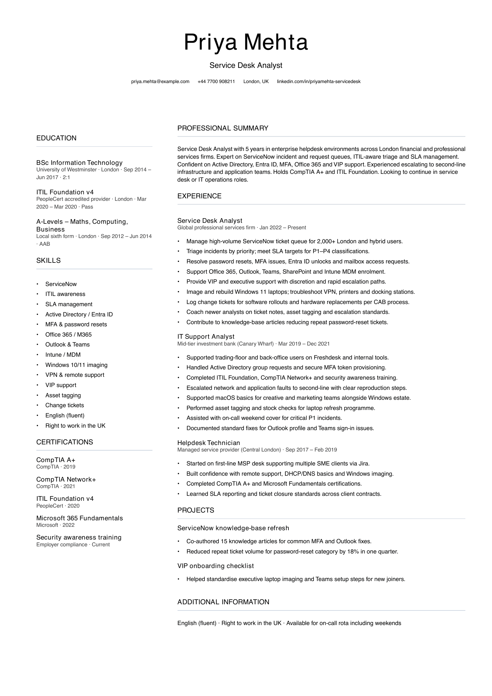 service desk analyst cv template