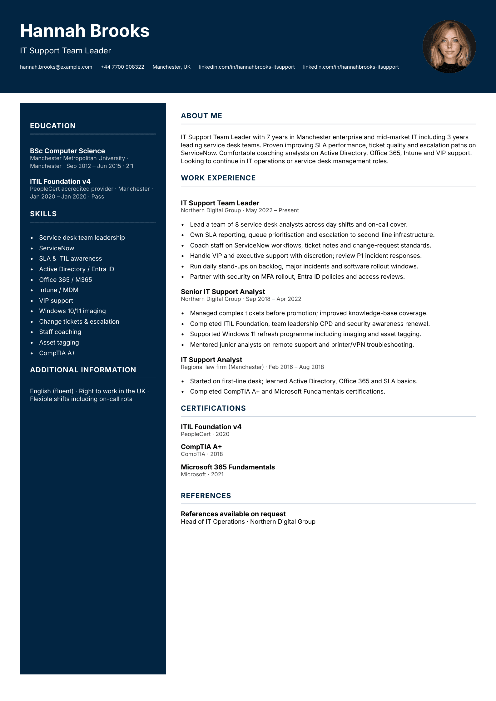 IT support team leader CV template