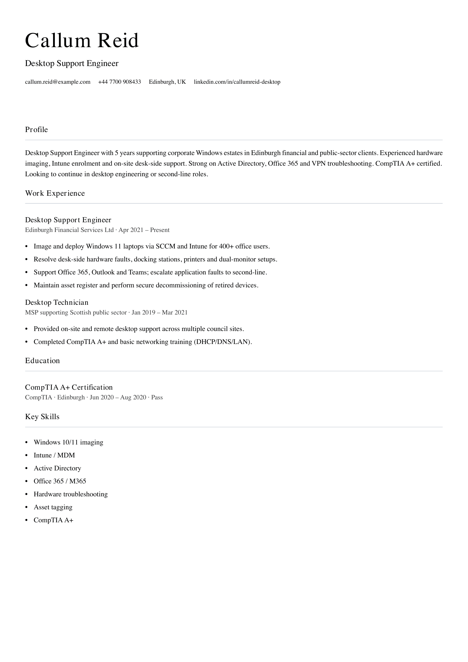 desktop support engineer cv template