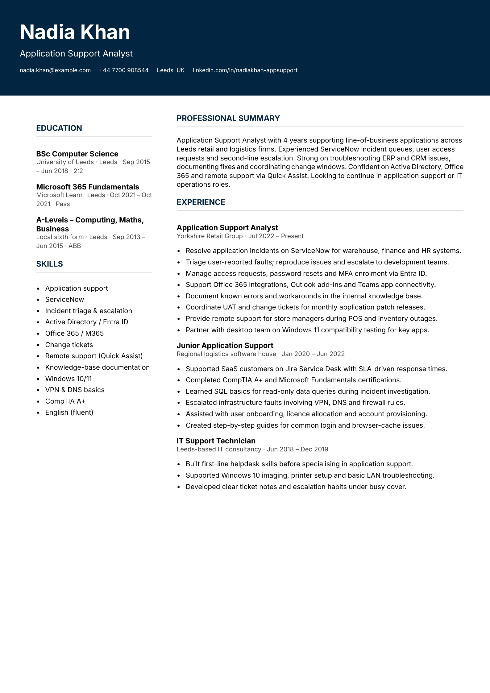 Application support analyst CV template