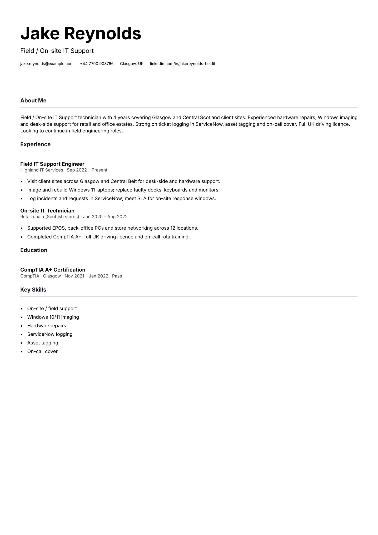 field IT support cv template