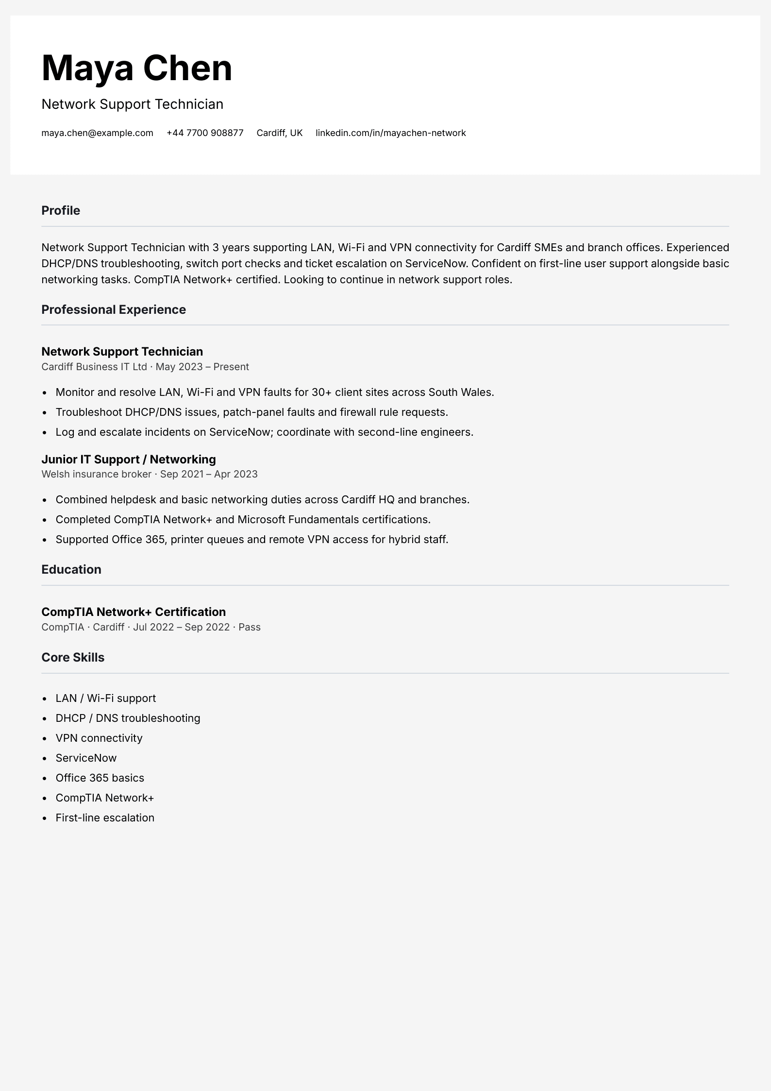 network support technician cv template