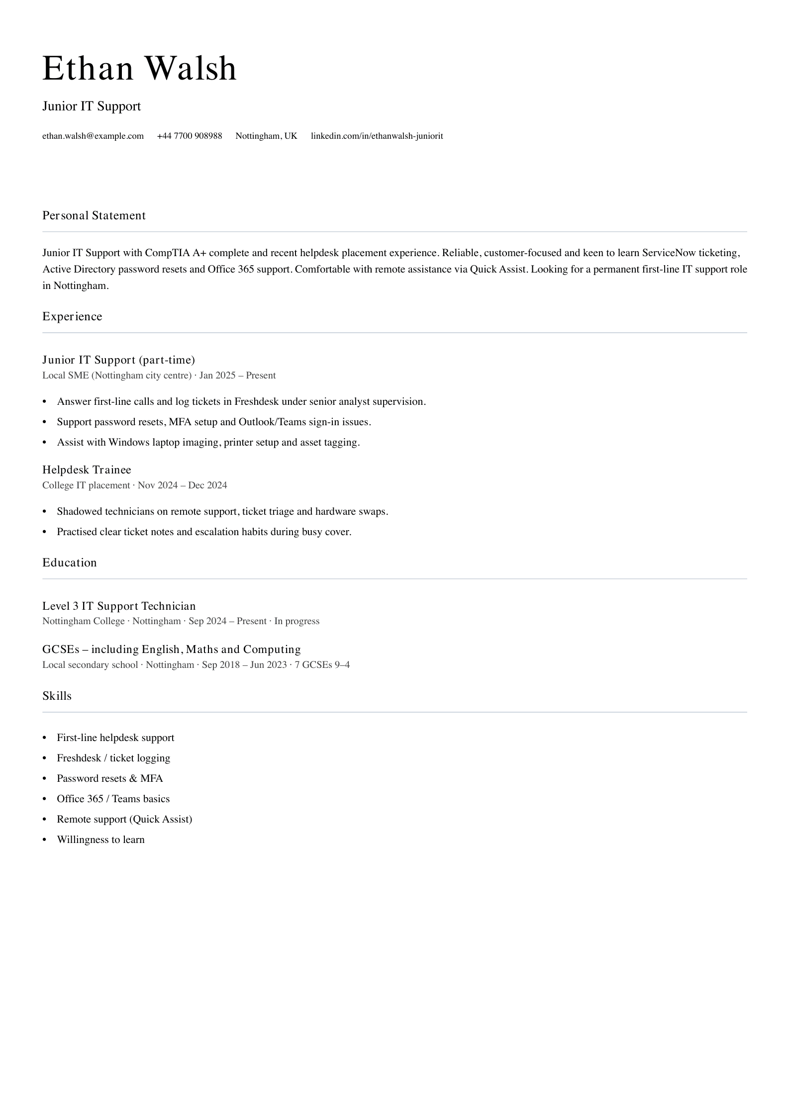 junior IT support cv template