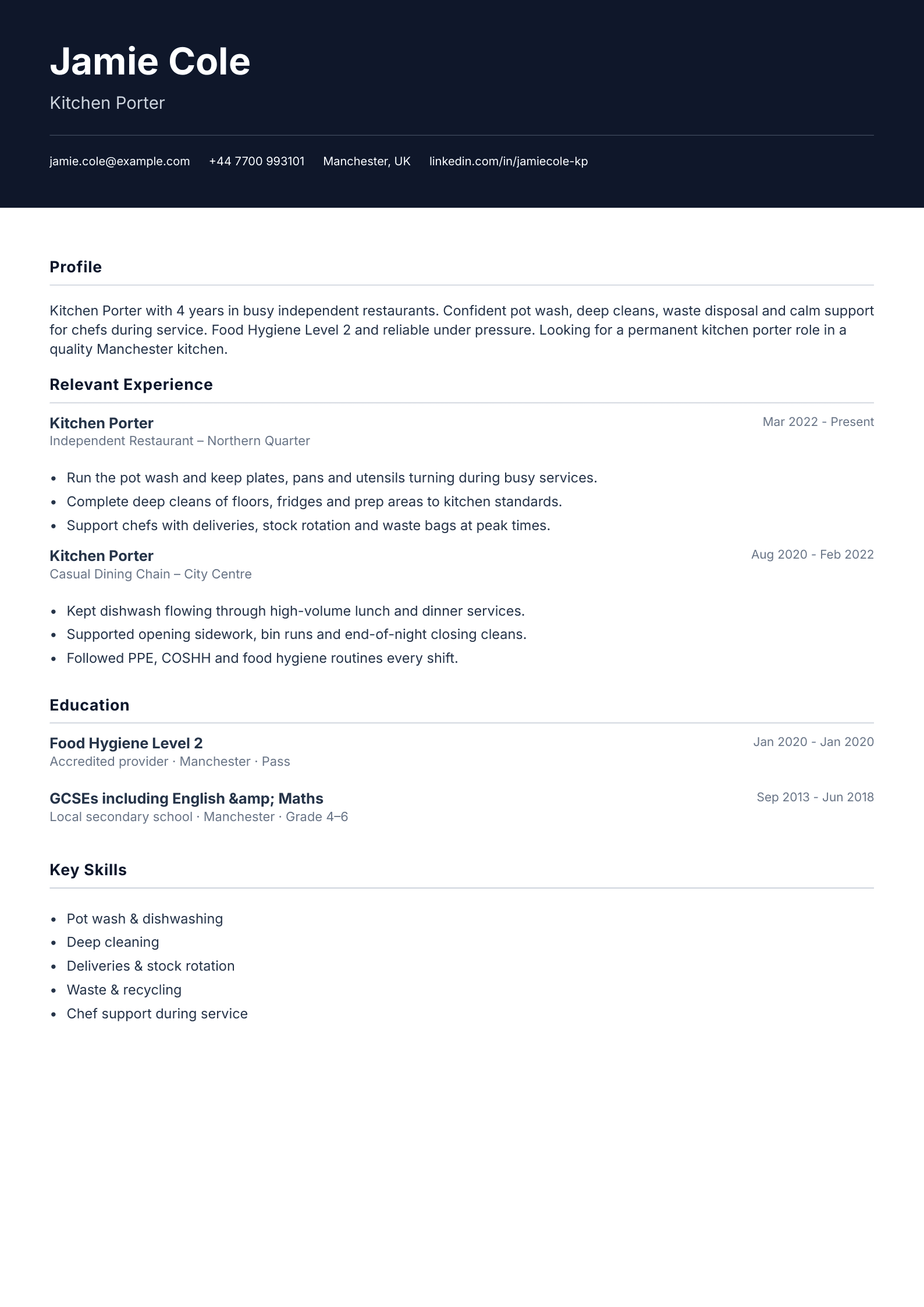 Restaurant kitchen porter CV template