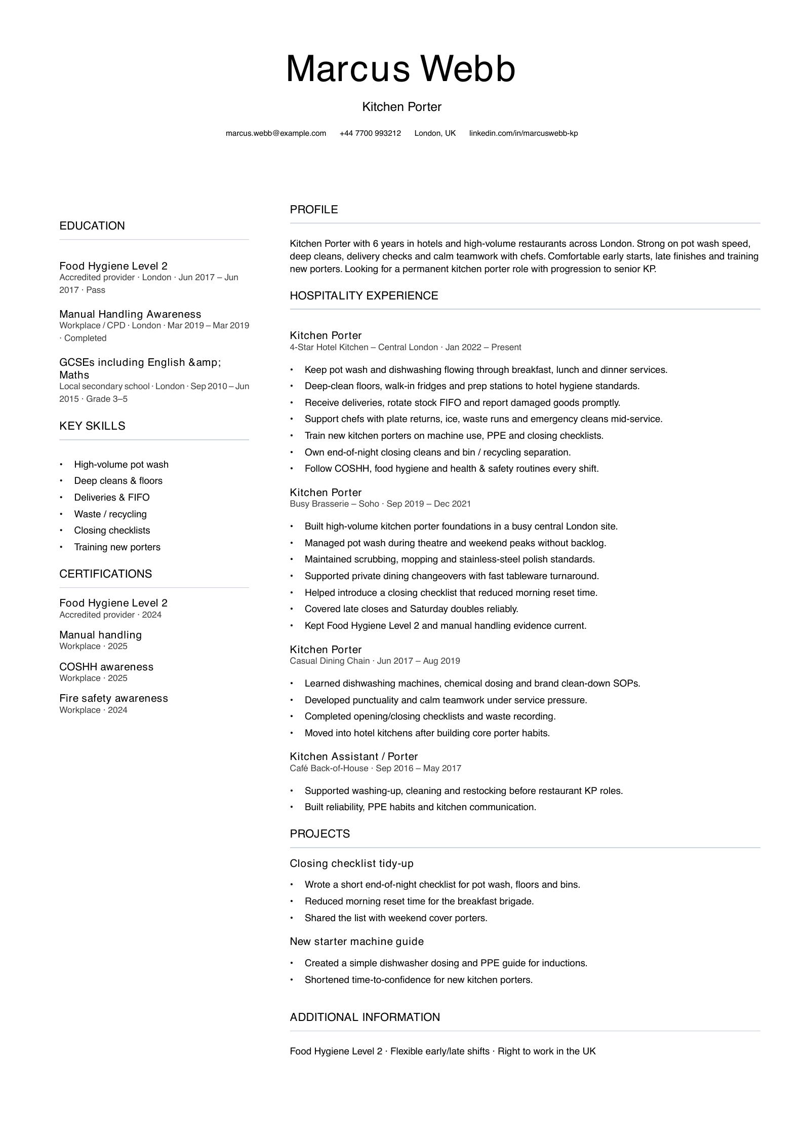 hotel kitchen porter CV template