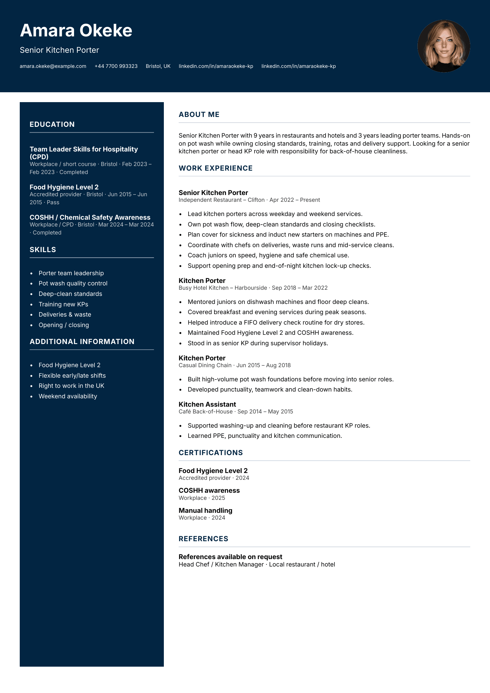 Senior kitchen porter CV template