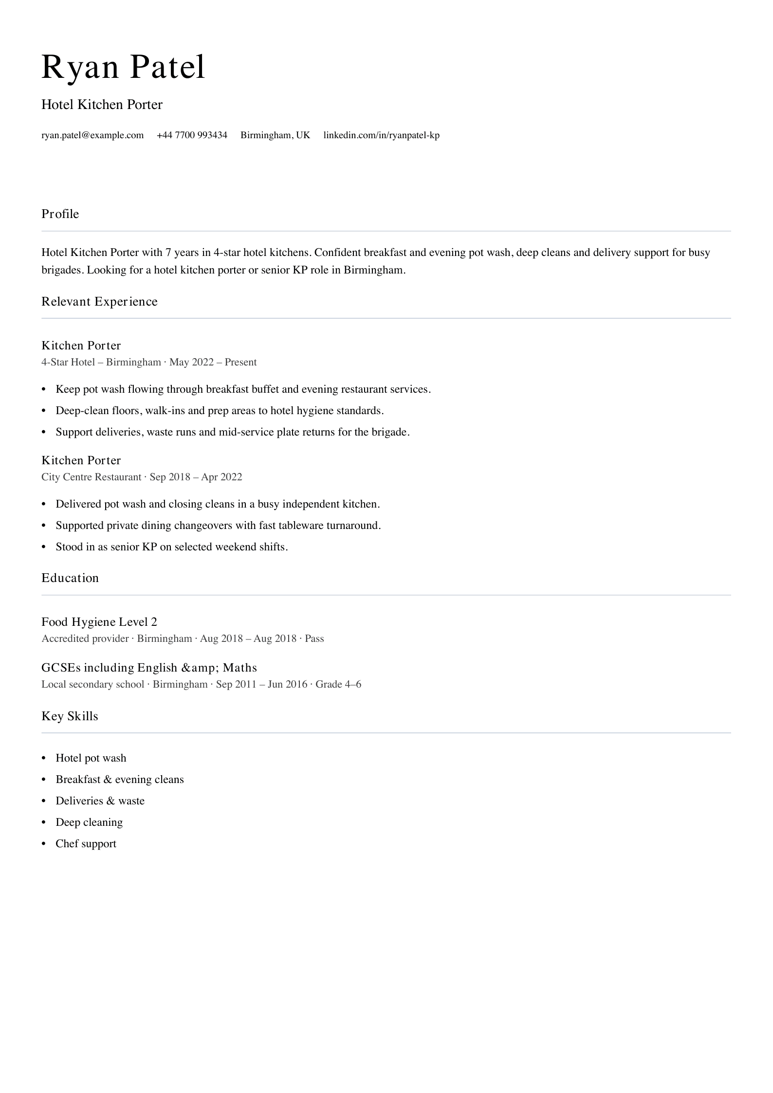 Hotel kitchen porter CV template