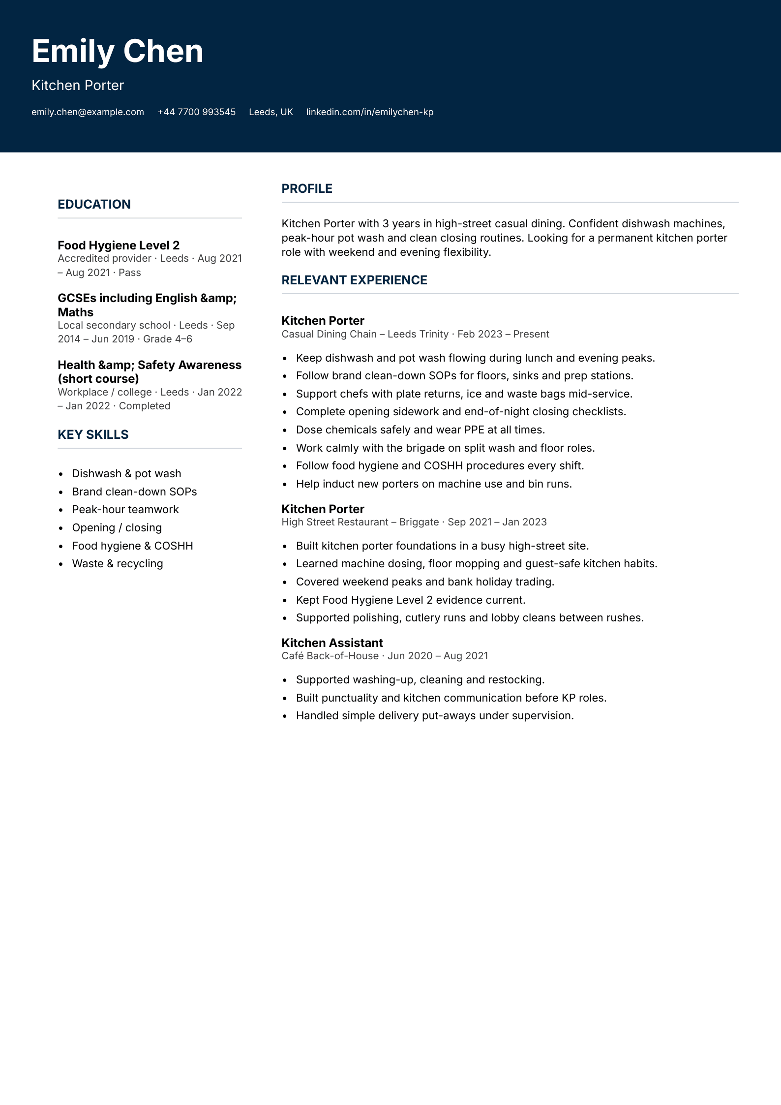 casual dining kitchen porter CV template