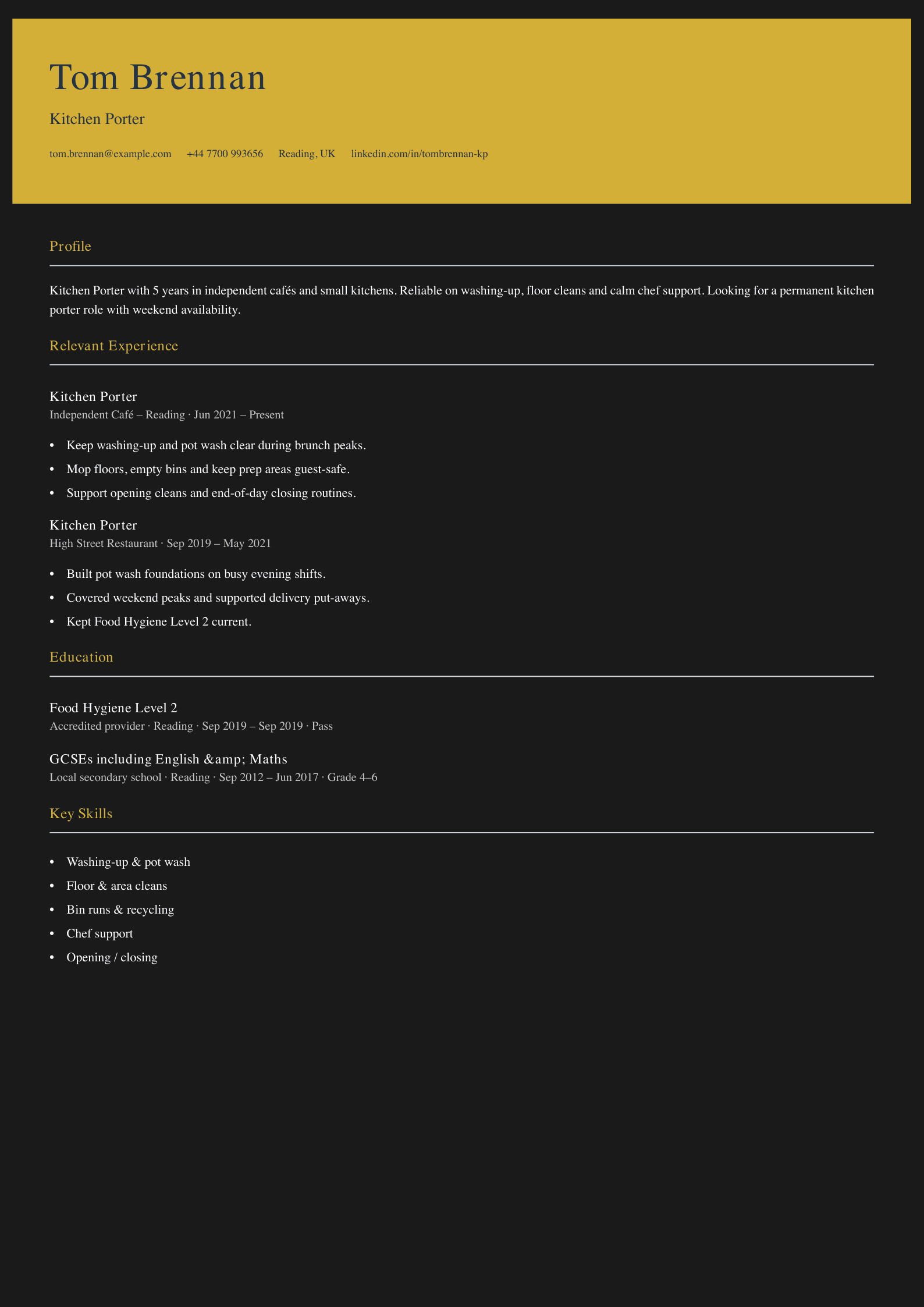 café kitchen porter CV template