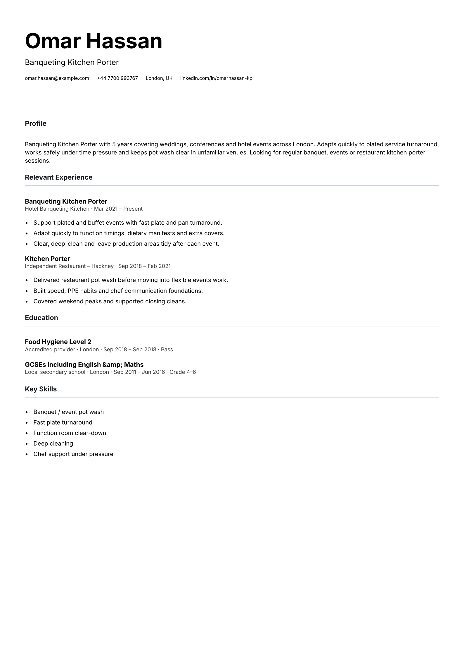 banqueting kitchen porter CV template