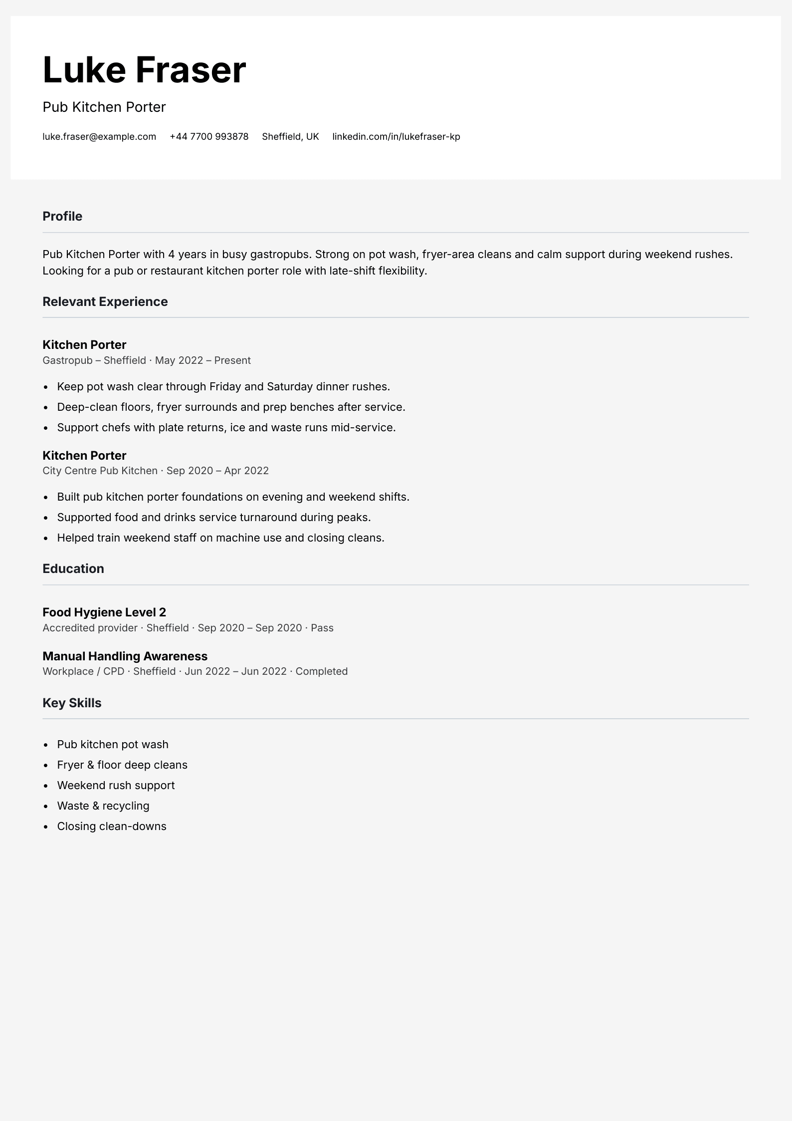 pub kitchen porter CV template
