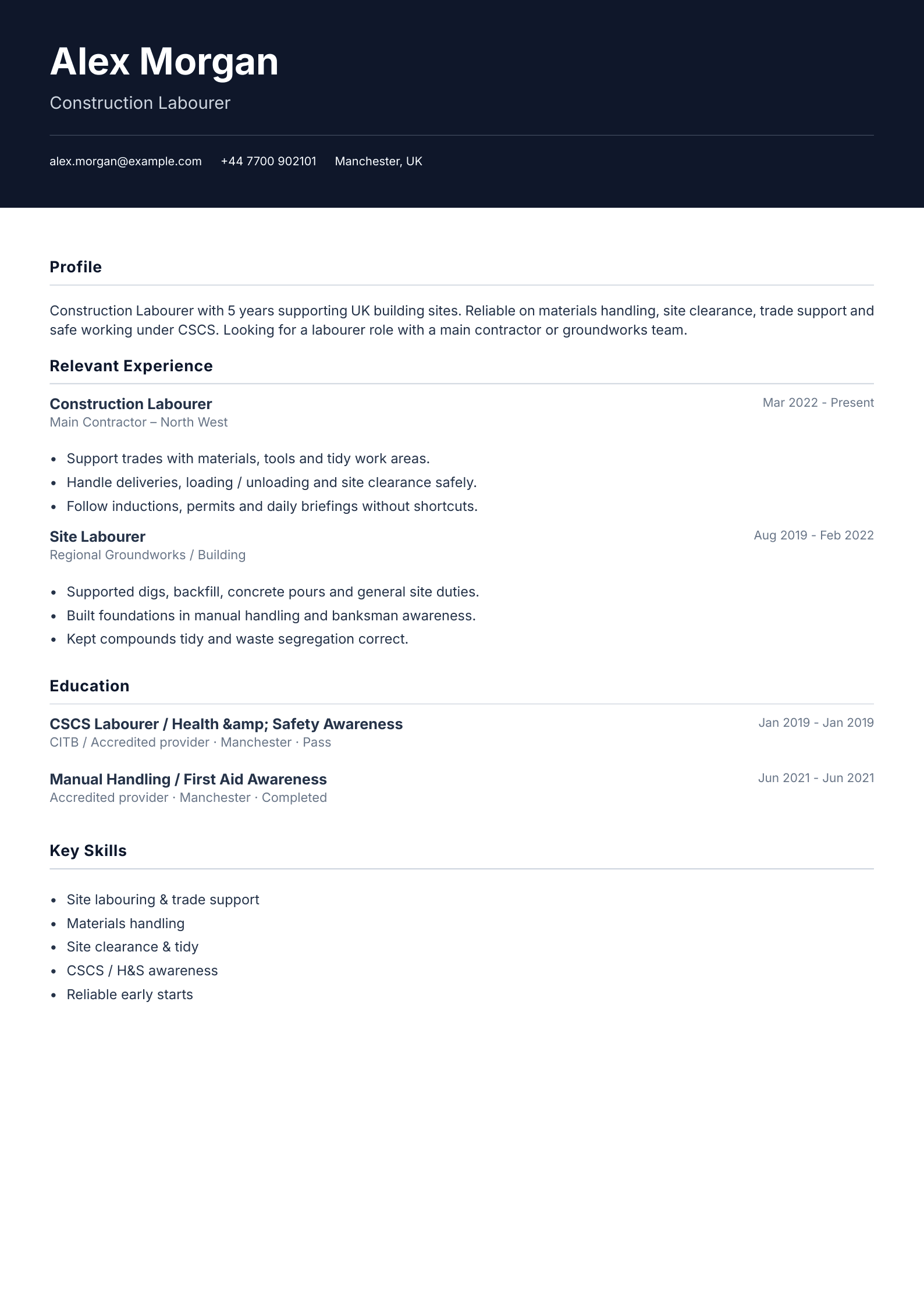 Construction labourer CV template
